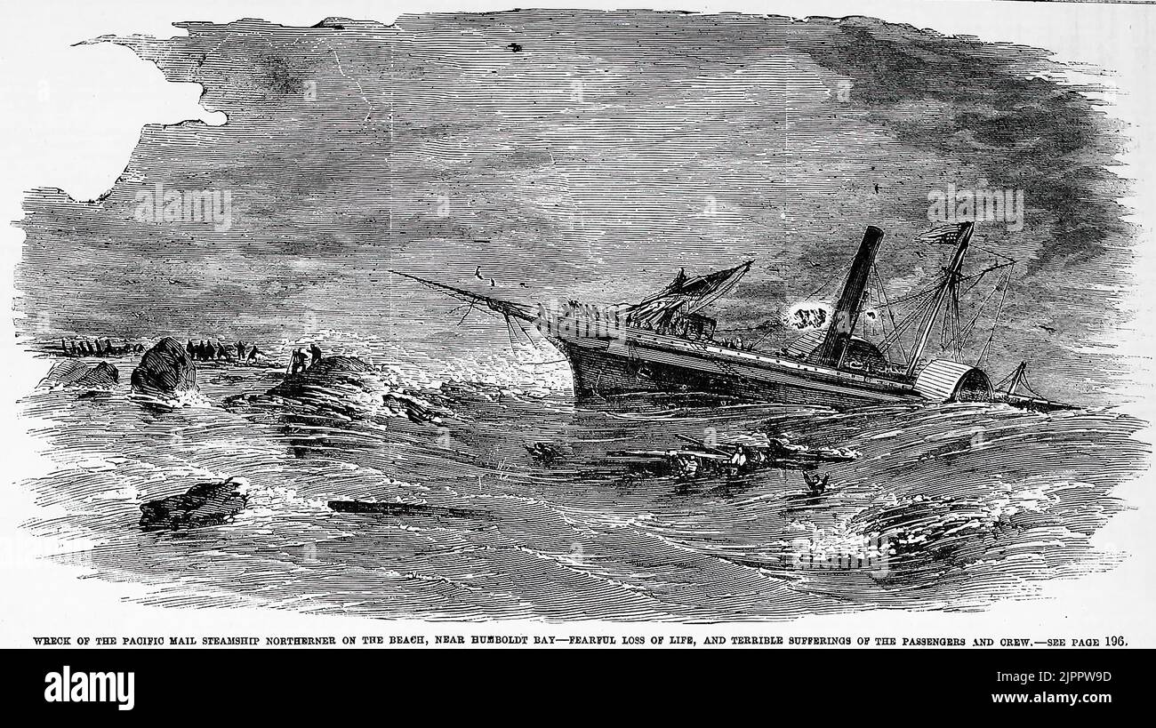 Wreck of the Pacific Mail Steamship SS Northerner on the beach, near Humbolt Bay, California - Fearful loss of life, and terrible sufferings of the passengers and crew, January 6th, 1860. 19th century illustration from Frank Leslie's Illustrated Newspaper Stock Photo