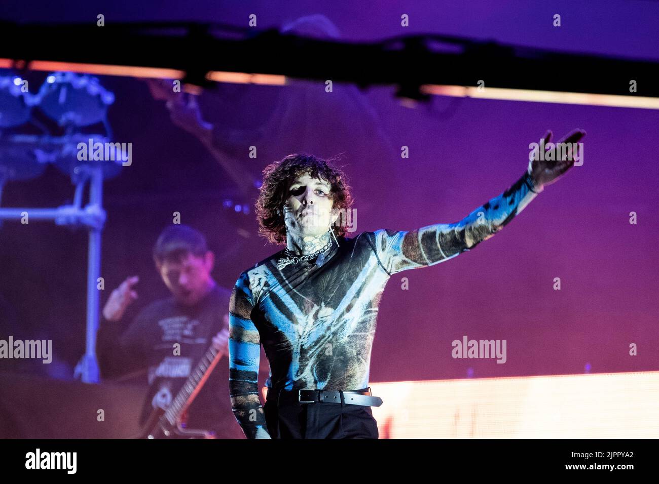 Nuremberg, Germany. 03rd June, 2023. Oliver Sykes (l) of the band Bring Me  the Horizon sings at the performance of the band Machine Gun Kelly on the  Utopia Stage. Continuation of the