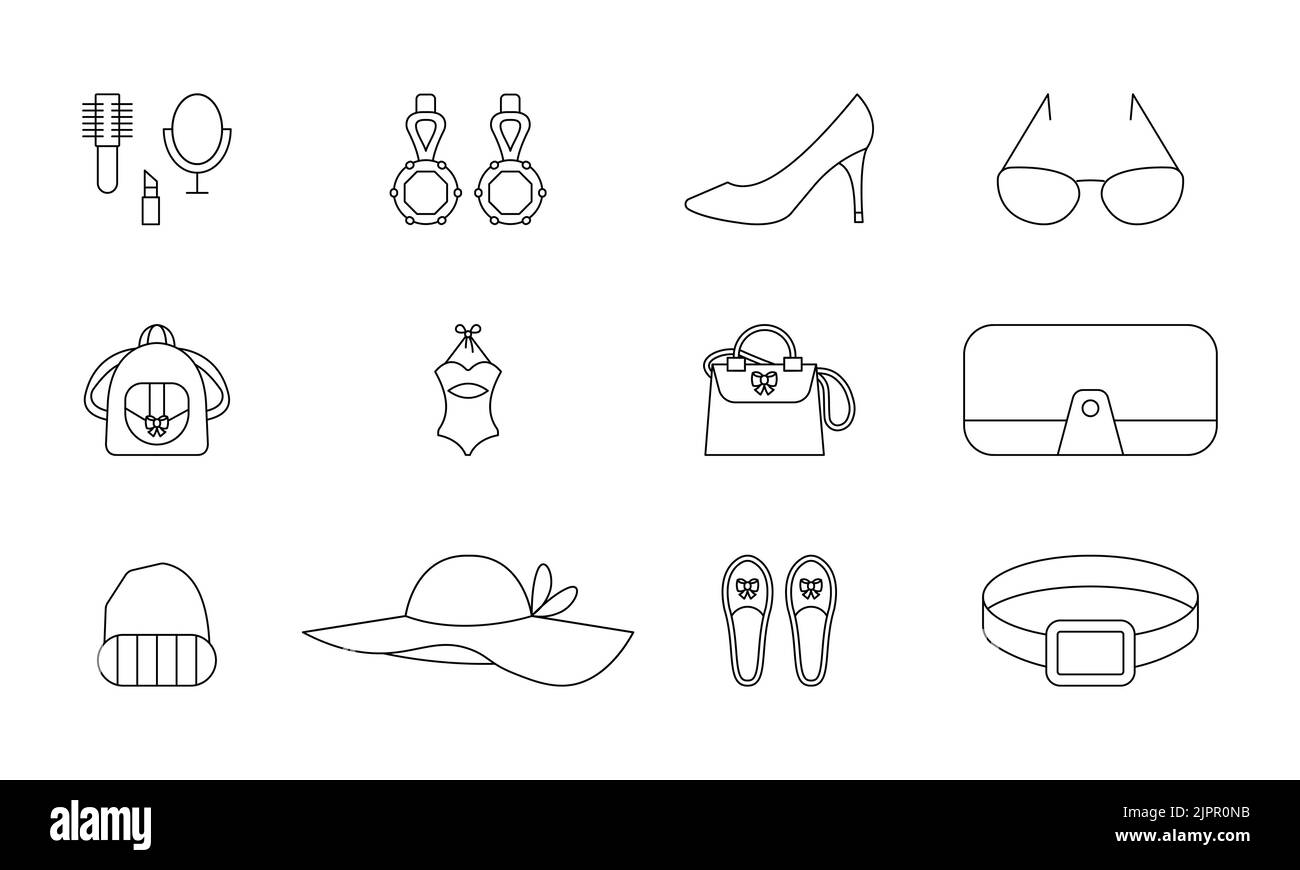 Vector womens personal accessories icon.. EPS 10. Cosmetics and makeup tools... Women accessories. Isolated on white... Shoes, High heel shoes sign... Stock Photo