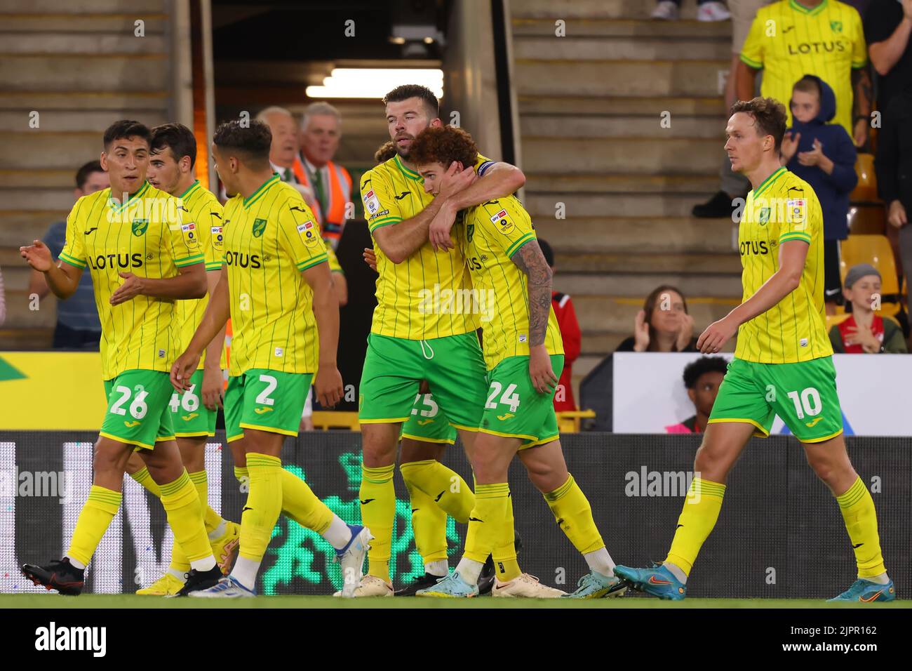 Carrow Road, Norwich, Norfolk, UK. 19th Aug, 2022. EFL Championship League football, Norwich versus Millwall; Josh Sargent of Norwich City celebrates his second goal with Grant Hanley for 2-0 Credit: Action Plus Sports/Alamy Live News Stock Photo