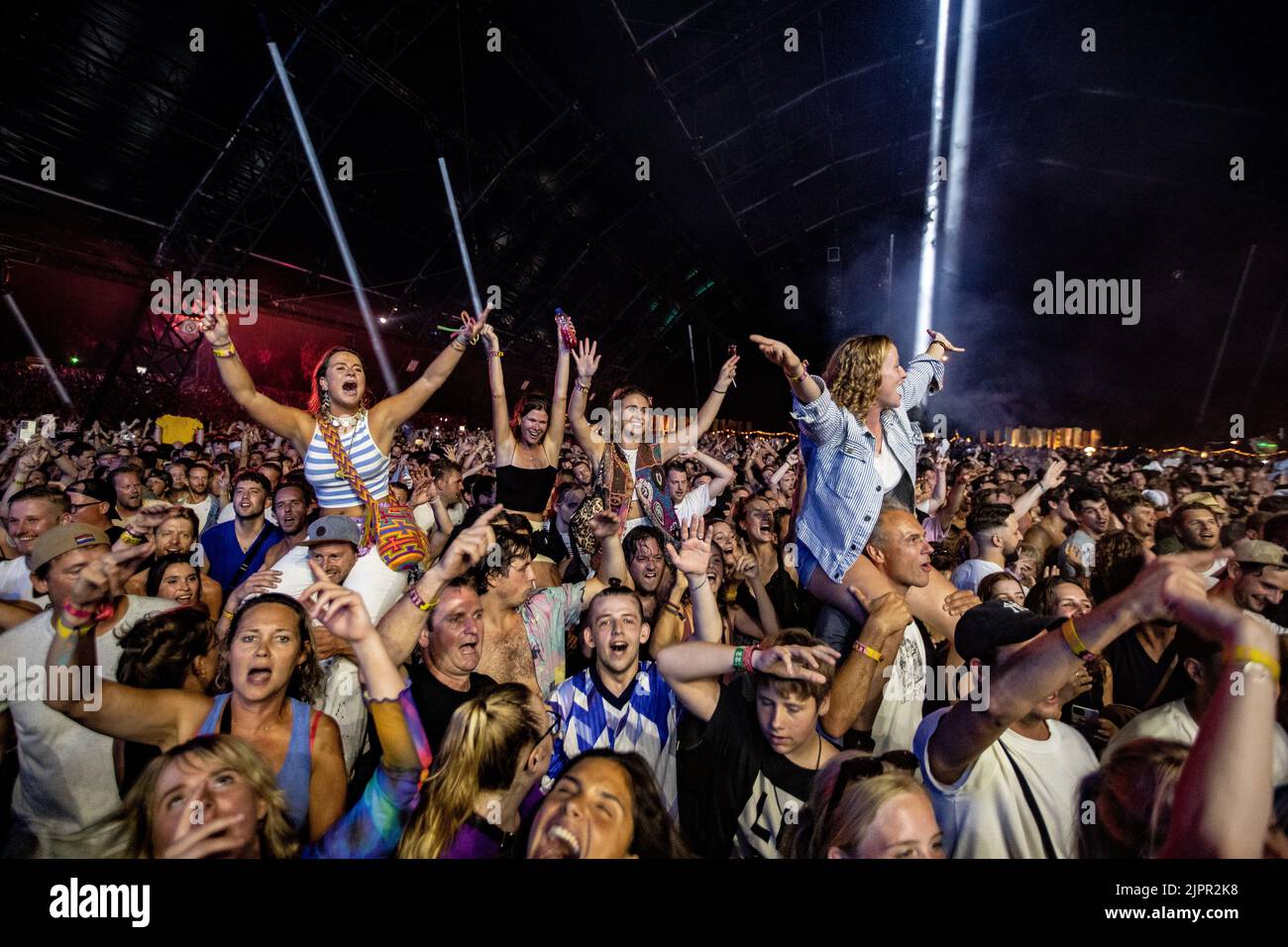 2022-08-19 23:36:23 BIDDINGHUIZEN - Fans go crazy during the performance of the Dutch rap formation The Opposites with Willy and Big 2 during the first day of the three-day music festival A Campingflight to Lowlands Paradise. ANP PAUL BERGEN netherlands out - belgium out Stock Photo