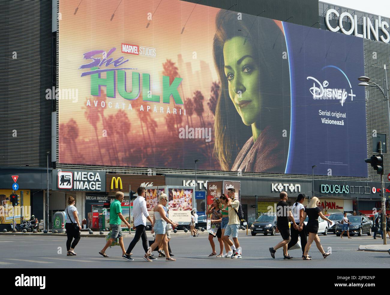 Bucharest, Romania - August 18, 2022: Extra large banner advertising She-Hulk: Attorney at Law TV Series is displayed on the Unirea Shopping Center, i Stock Photo