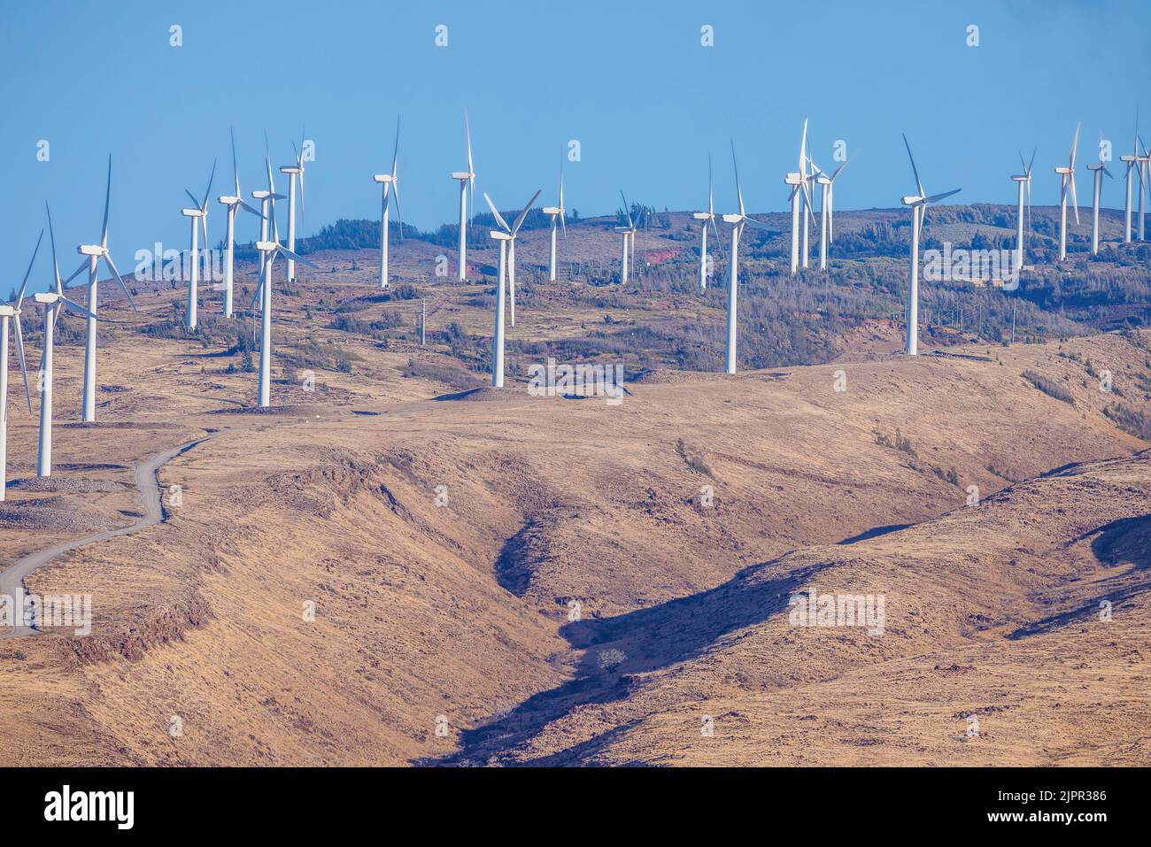 The largest wind farm in the state became operational in 2006 on the West Maui Mountains, Hawaii. Stock Photo