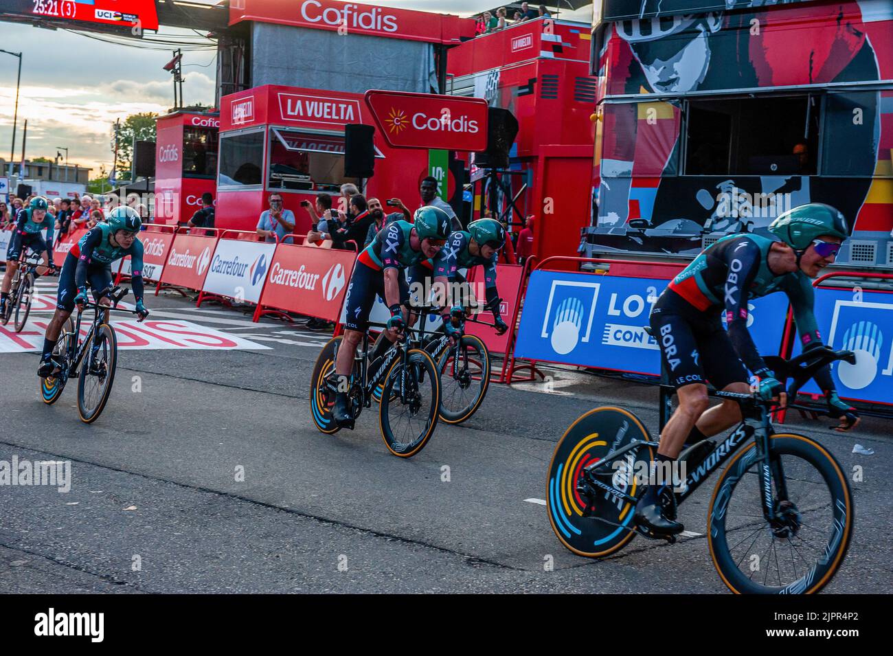 The team BORA is seen just crossing the finish line. La Vuelta's first ...
