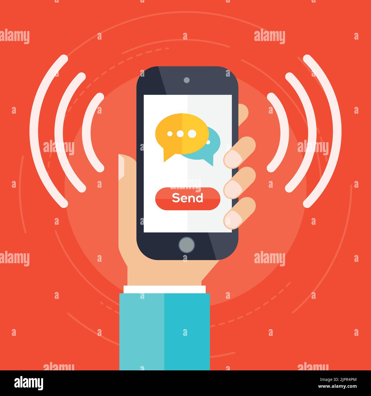 Send sms on mobile phone flat illustration. Hand holding smartphone