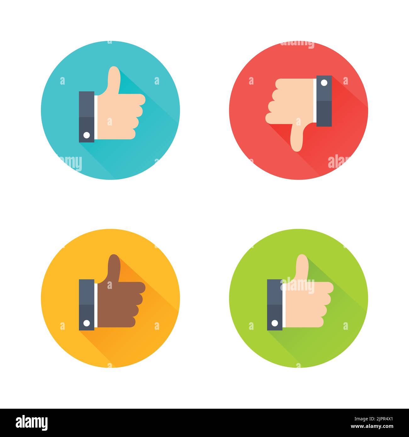 Like, dislike flat style icon set. Thumb up and down icons in cartoon style. Colorful approve buttons. Vector elements Stock Vector