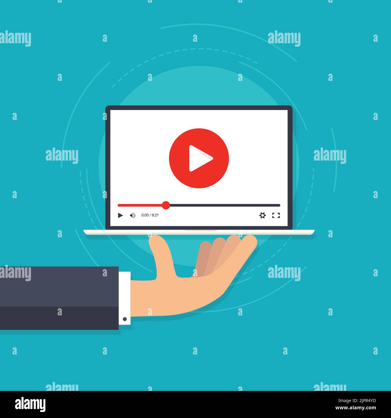 Hand holding laptop with video player. Video playback on laptop. Webinar advertising icon. Social media presentation. Online learning tutorial player Stock Vector