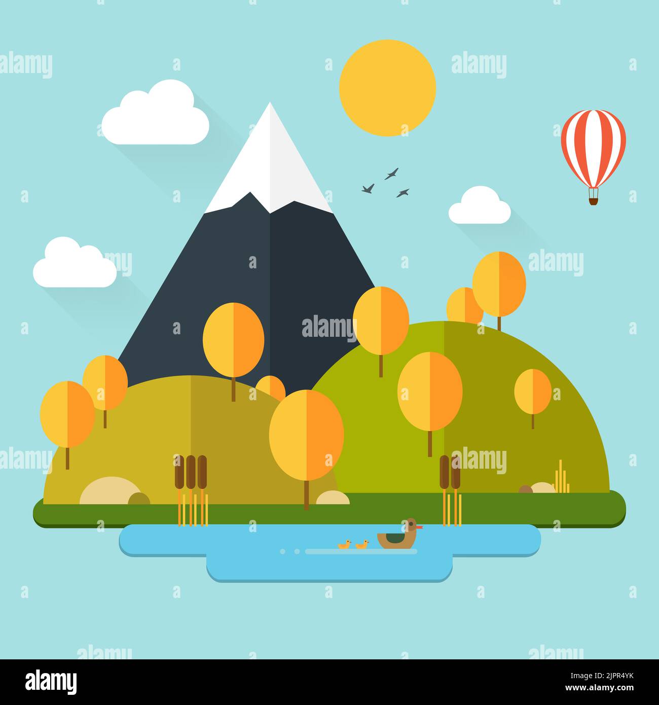 Flat autumn nature landscape illustration in trendy flat design style, eco-friendly. Colorful vector flat nature scene with mountain, lake, ducks, sun Stock Vector