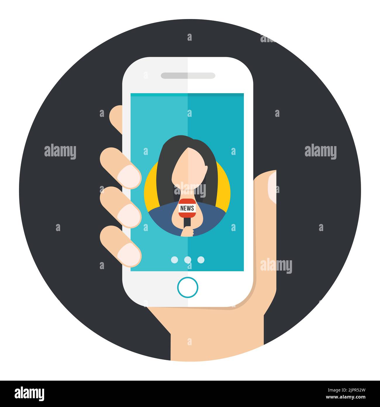 Live news on mobile phone with newsreader. Hand holding smartphone with female news reporter. Woman journalist with microphone on smartphone icon Stock Vector