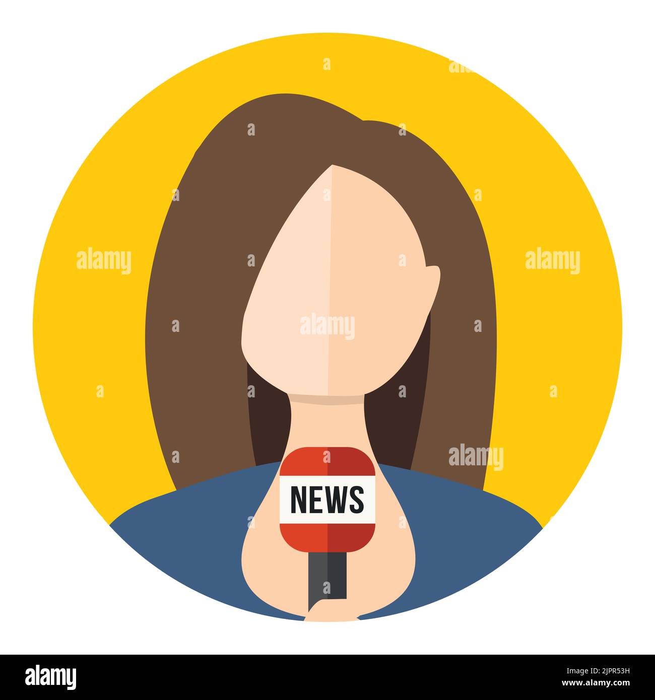 Female journalist with mic. Girl newsreader avatar icon. Woman TV reporter flat icon in circle isolated on white background. Faceless woman with mic Stock Vector