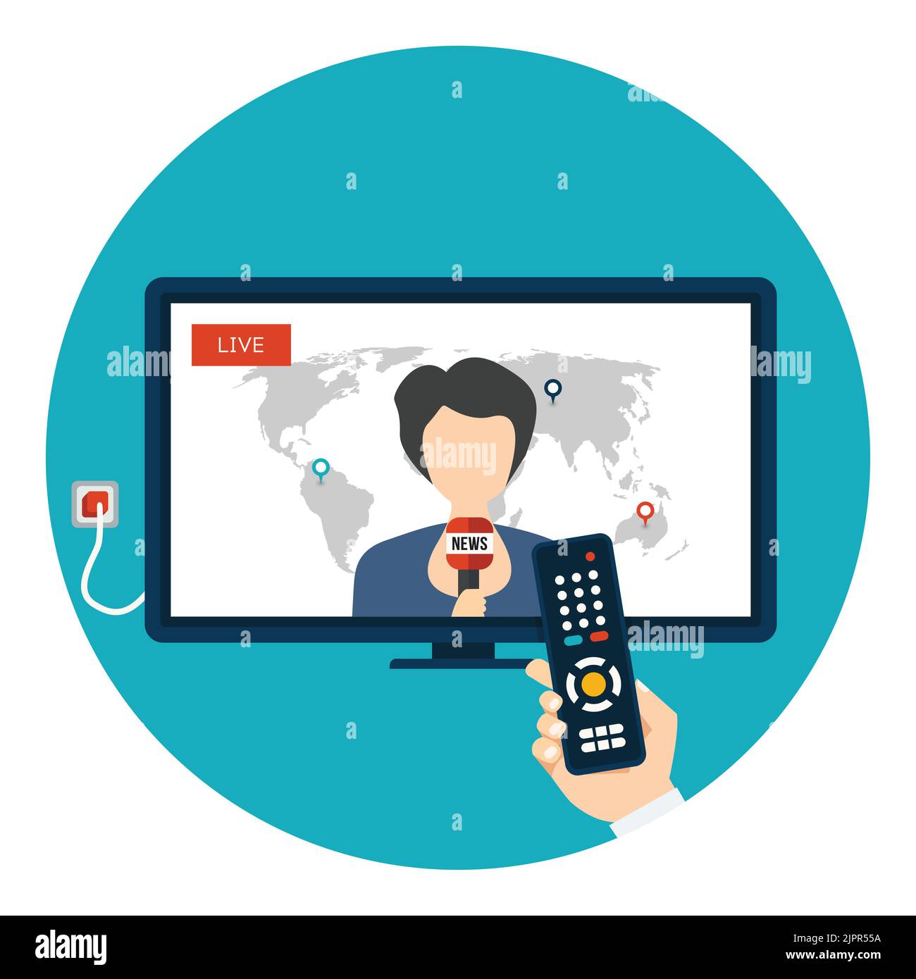 Live news on TV with female newsreader. Hand holding remote control and watching breaking news on TV. Flat vector icon in circle Stock Vector