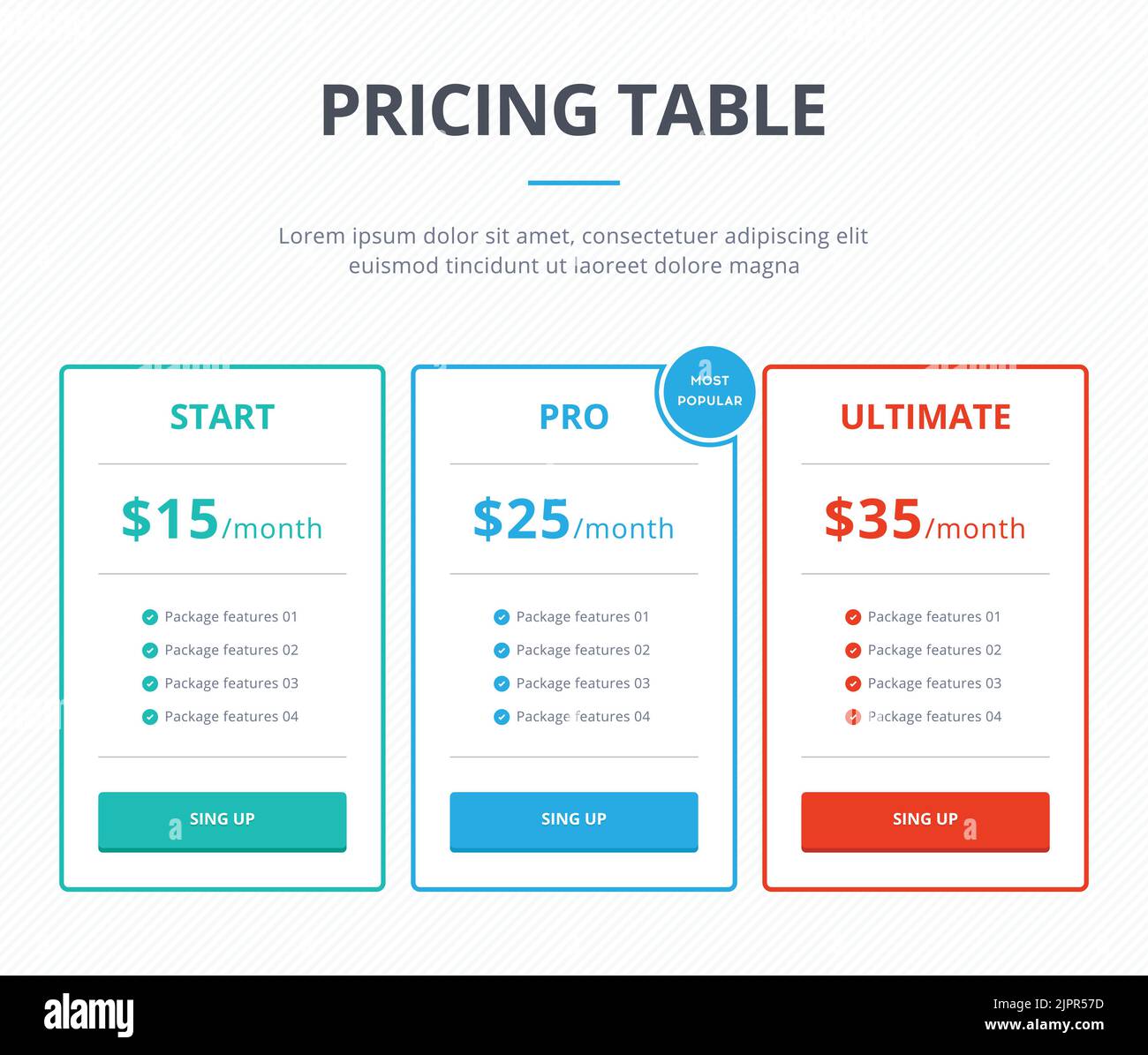 Pricing table template with three plans Start Pro and Ultimate with