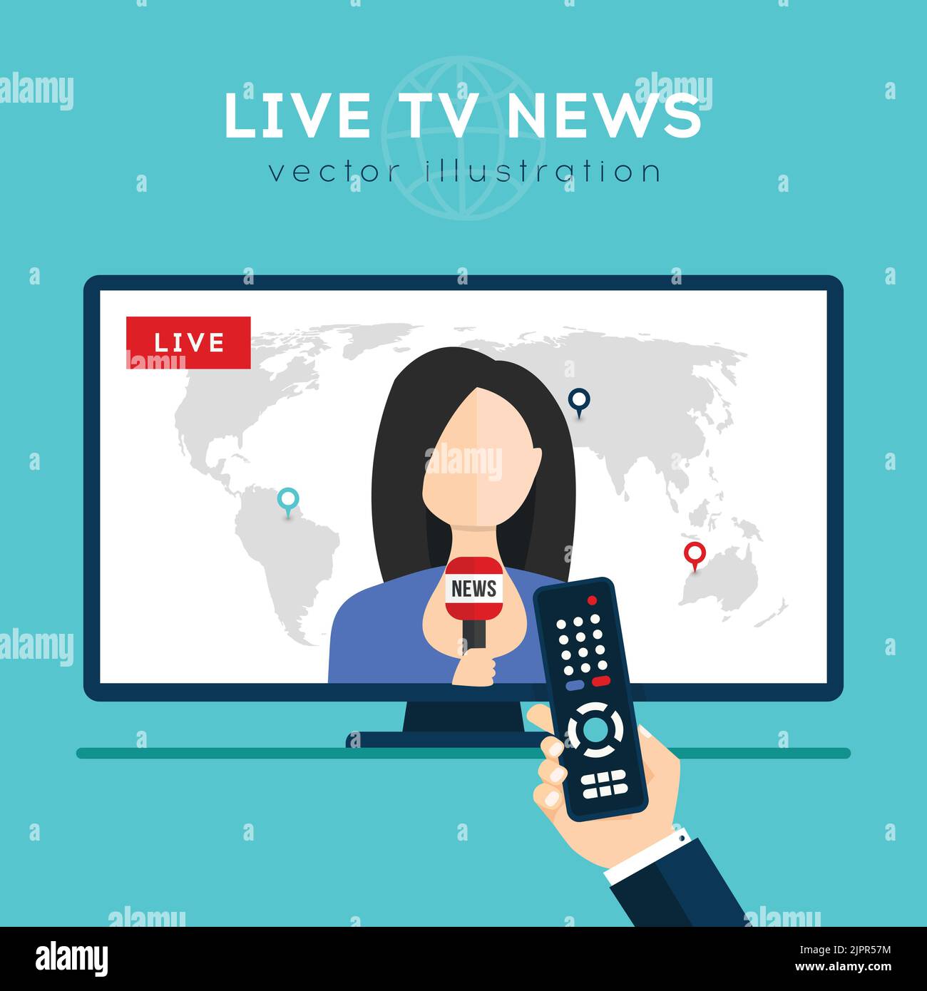 Live news on TV with female newsreader. Hand holding remote control and watching breaking news on TV. Flat icon in circle isolated on white background Stock Vector