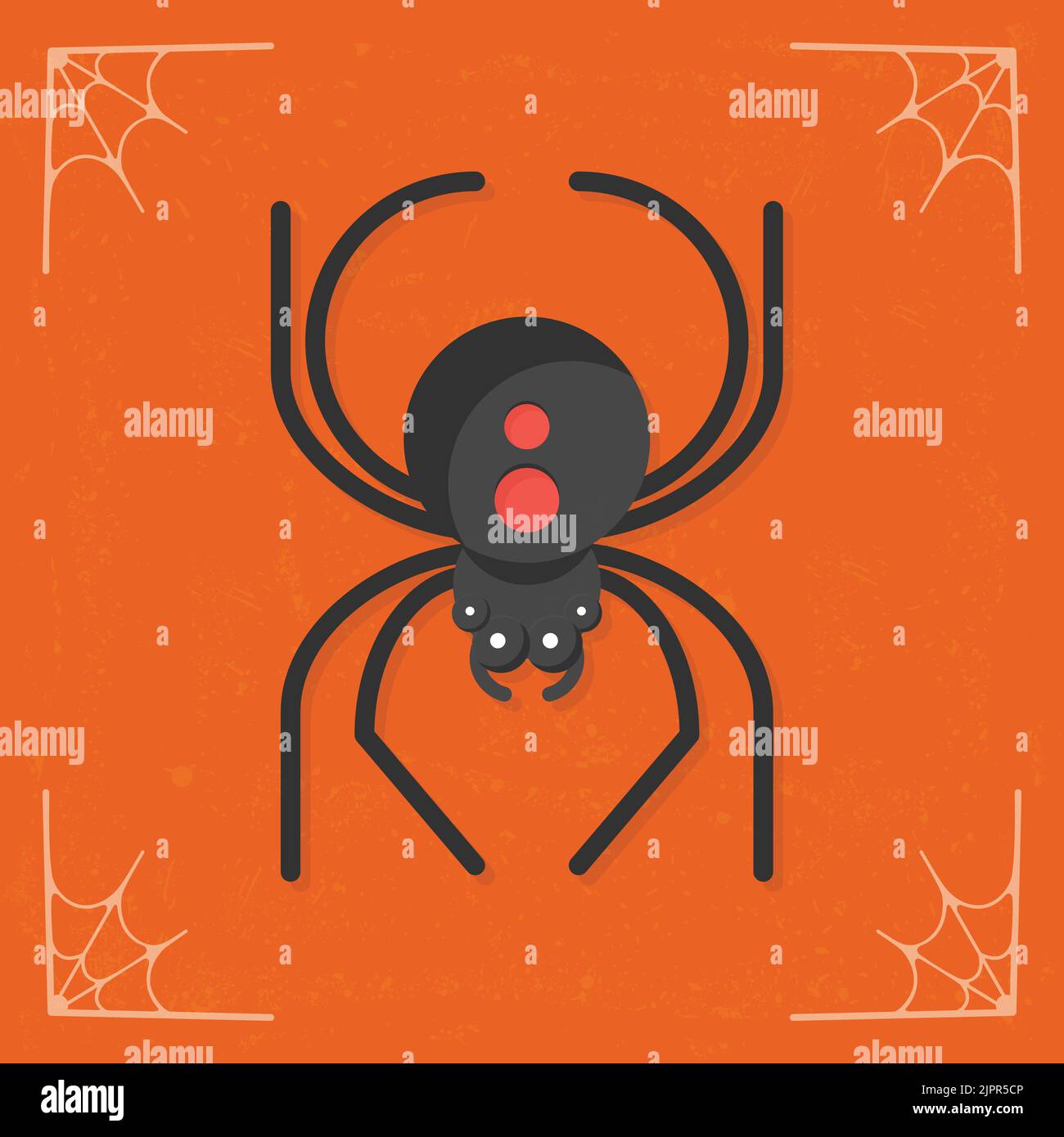 Spider icon. Creepy black bug icon. Cute cartoon insect logo. Halloween illustration isolated on stylized orange background. Vector illustration Stock Vector