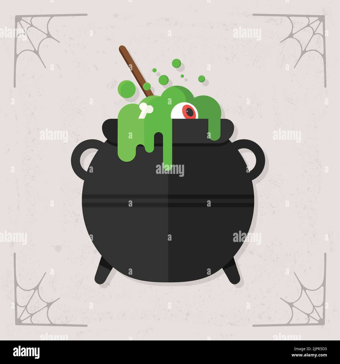Cauldron icon. Witch cauldron with bubbling green liquid, bones and eye. Magic potion icon. Cute dark boiling cauldron. Halloween illustration Stock Vector