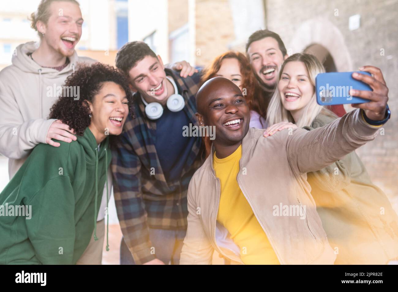 Multiracial Young People Group Taking Selfie With A Smartphone Happy 