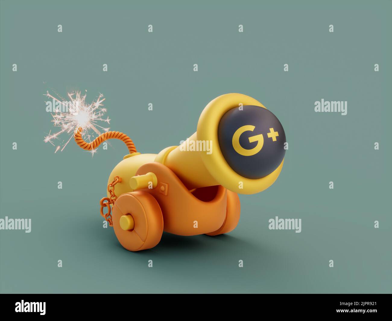 A 3D rendering of an orange-yellow Cannon wheels siege attack defense weapon with a Google plus sign. Concept of social media. Stock Photo