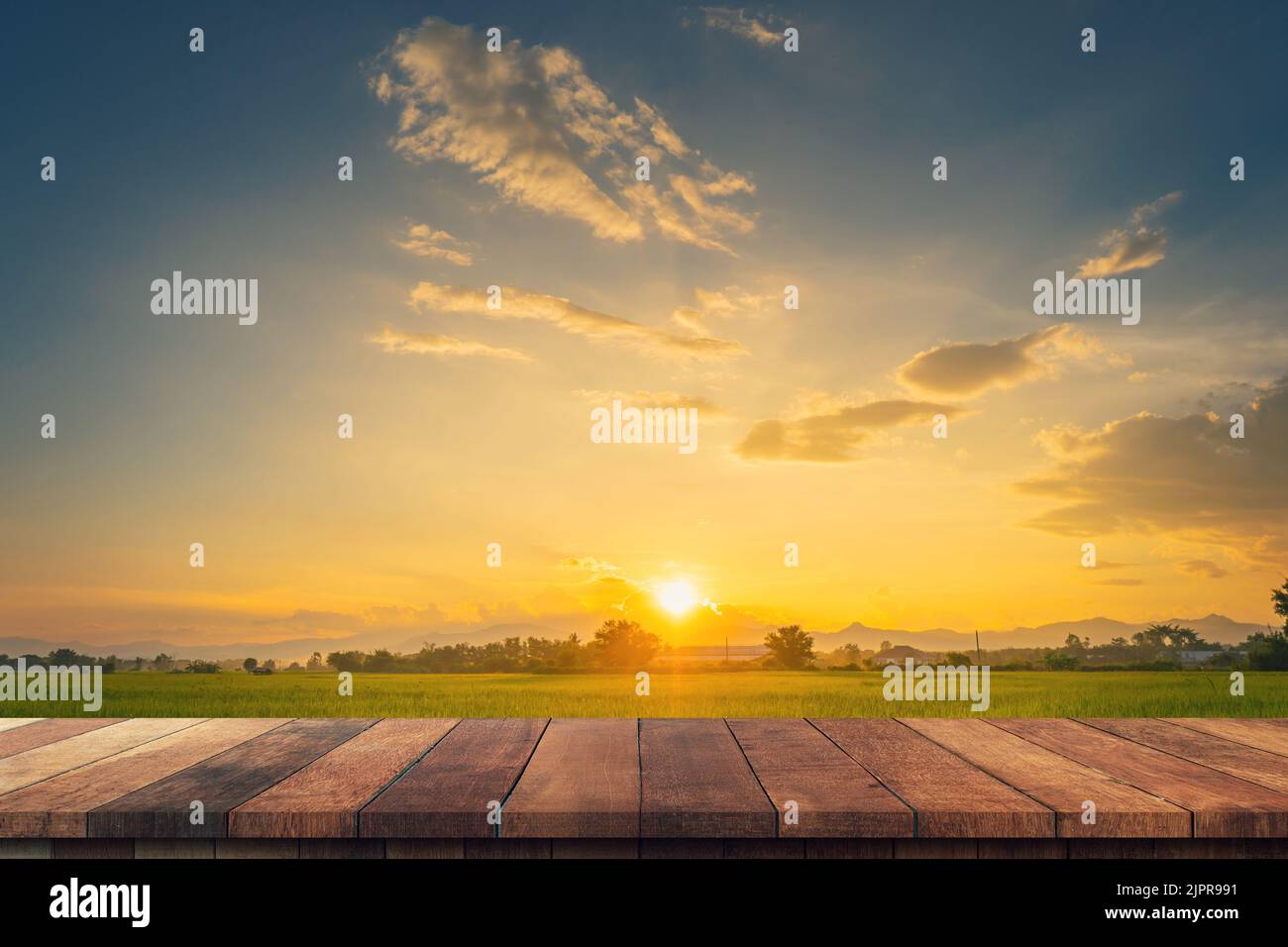 Wood table and rice field and sunset blue sky with lens flare, display montage for product. Stock Photo