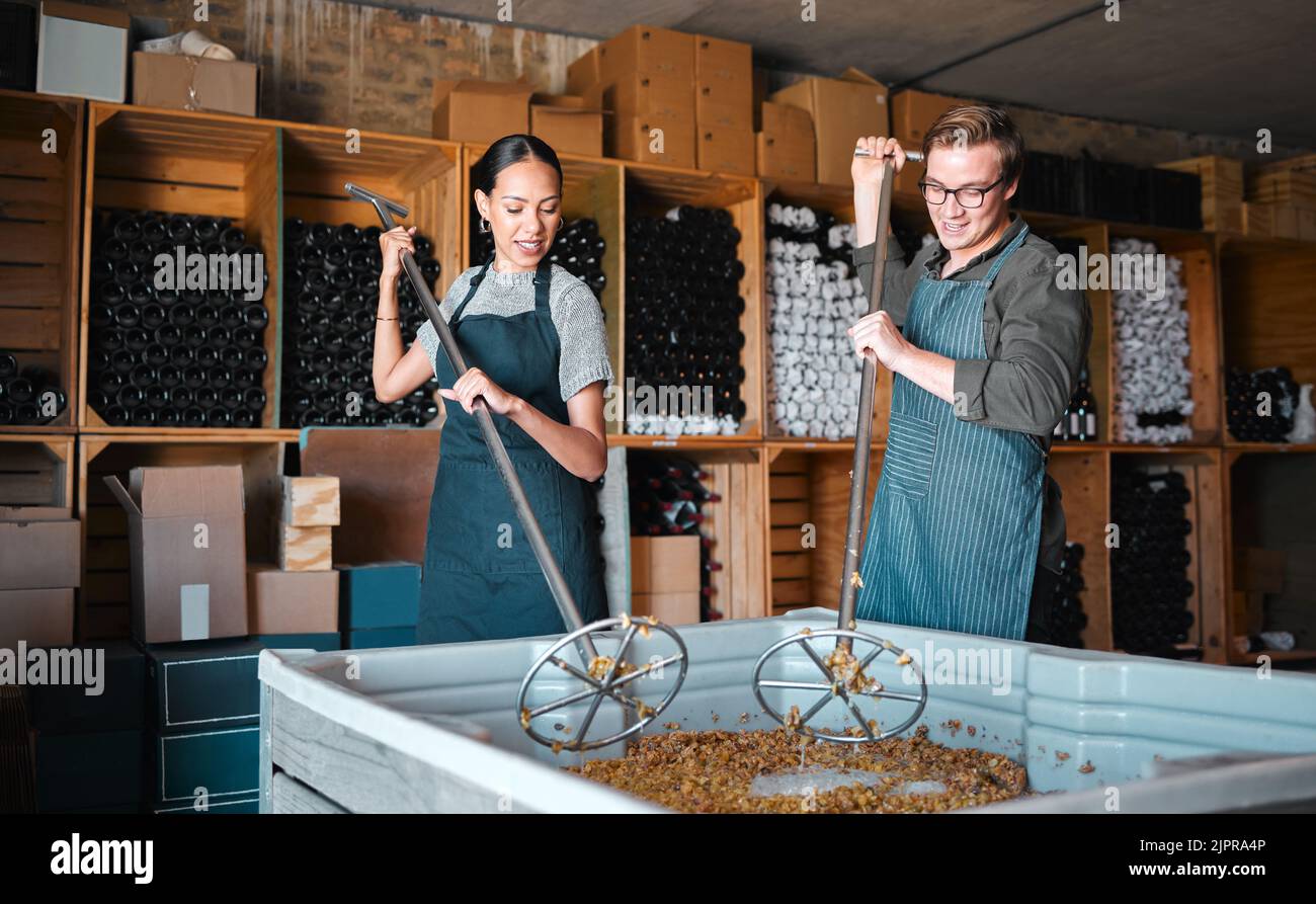 Winemakers mixing and shaking grapes during the wine making process
