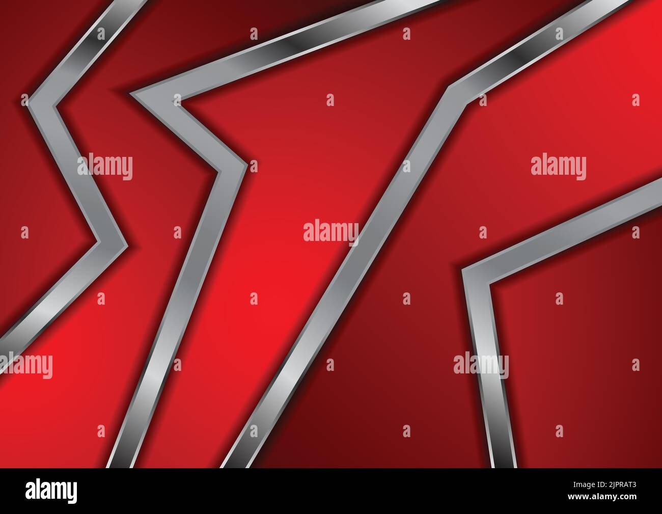 Curved geometric metallic stripes on red background. Abstract tech vector design Stock Vector