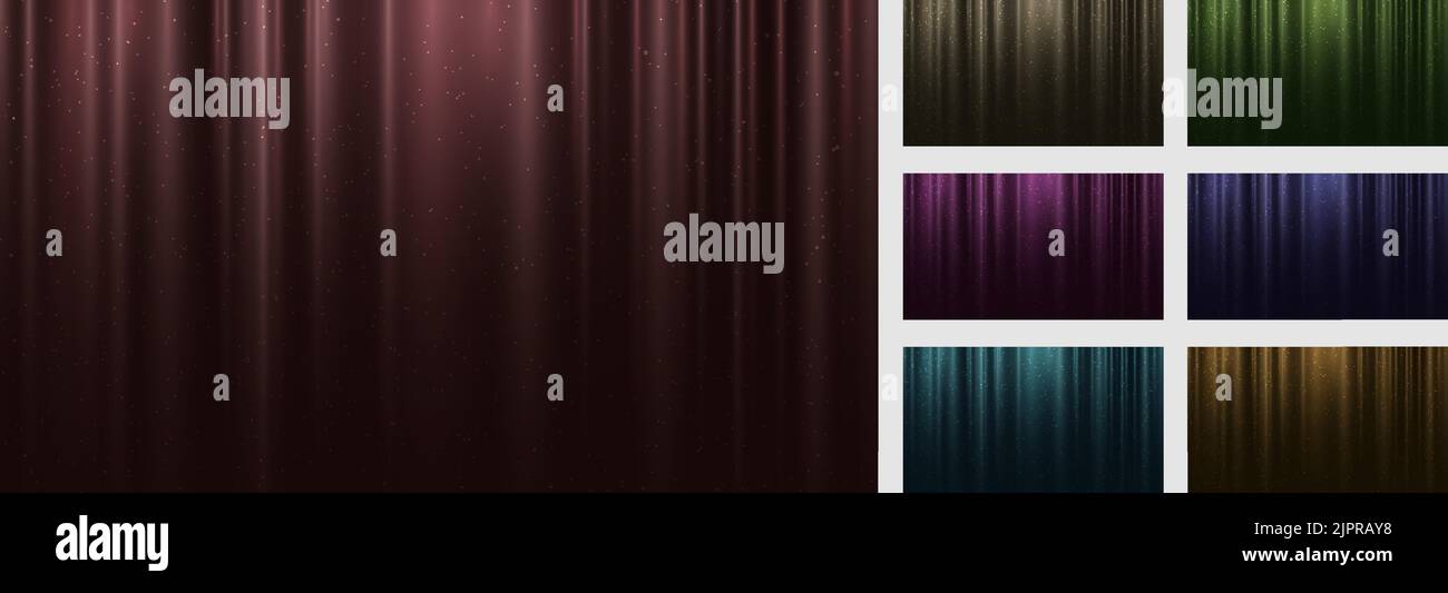 Set of abstract elegant red, green, gold, blue, pink fabric curtain background with dust glitter light effect luxury style. Vector illustration Stock Vector