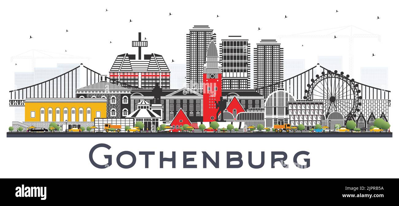 Gothenburg Sweden City Skyline with Color Buildings Isolated on White. Vector Illustration. Gothenburg Cityscape with Landmarks. Stock Vector