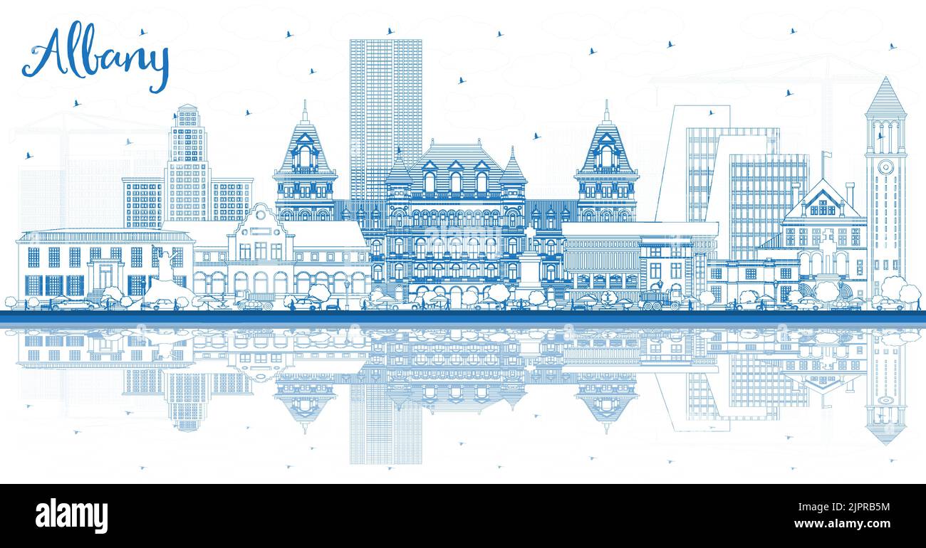 Outline Albany New York City Skyline with Blue Buildings and Reflections. Vector Illustration. Albany USA Cityscape with Landmarks. Business Travel an Stock Vector