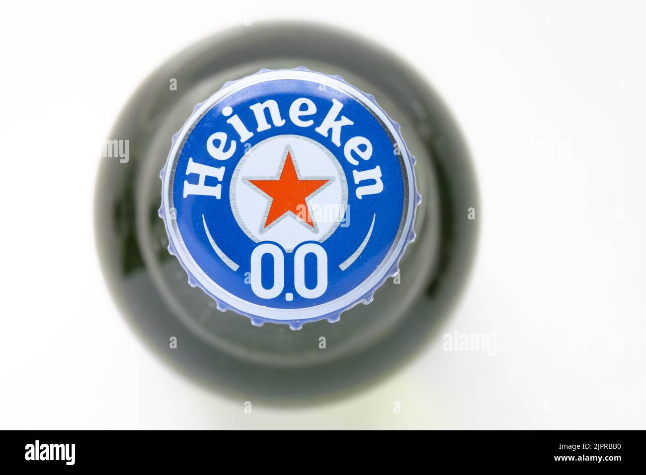 Calgary, Alberta, Canada. Aug 19, 2022. A top view a bottle cap of a Heineken 0.0 Non alcoholic