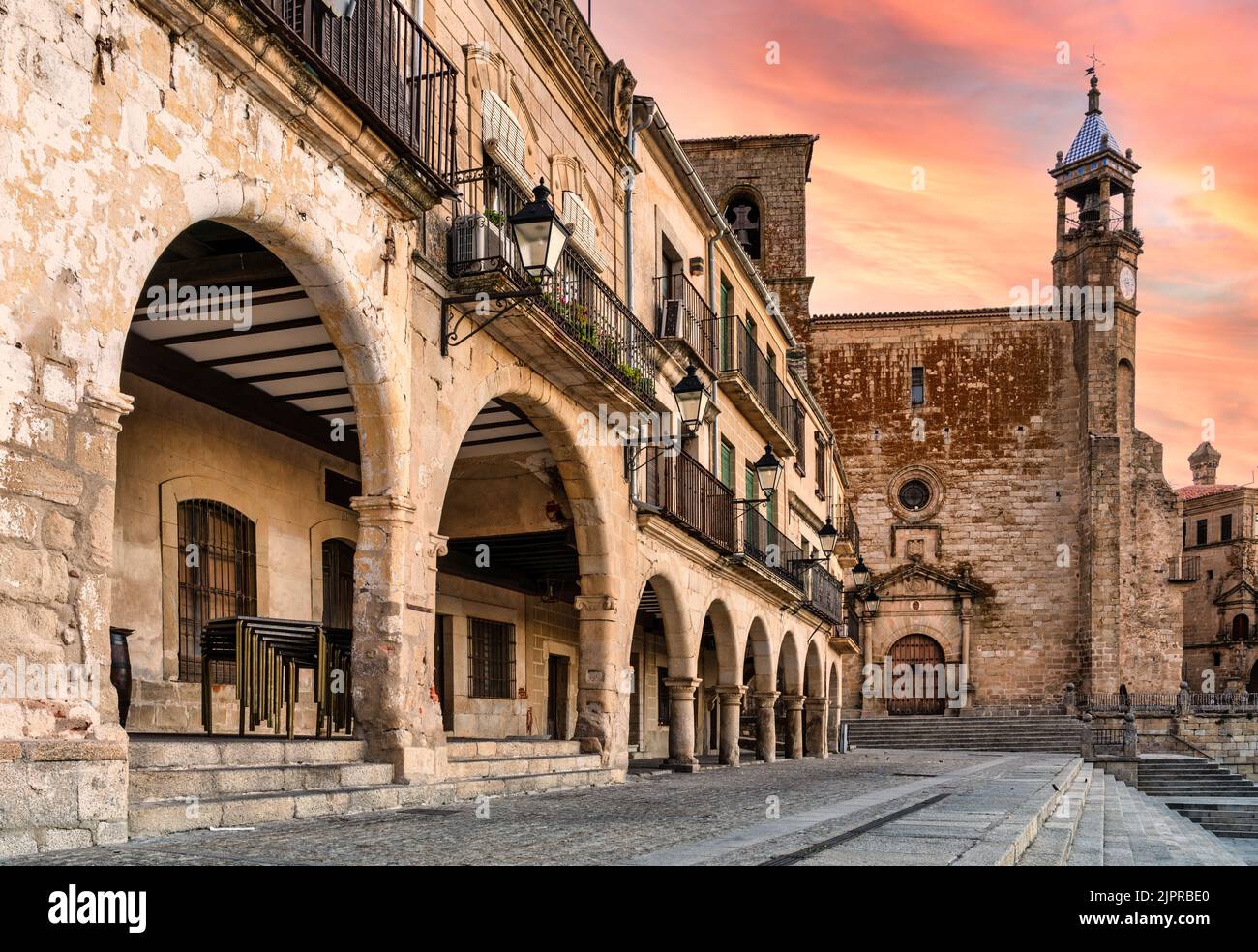 Arch of Trujillo old town at sunset in Extremadura, Spain Stock Photo