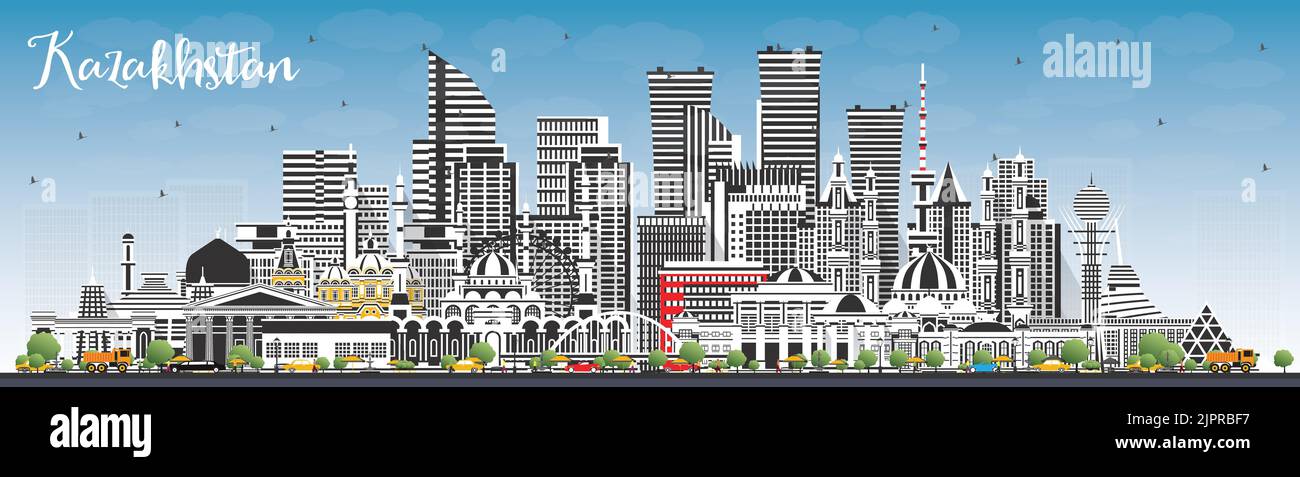 Kazakhstan City Skyline with Gray Buildings and Blue Sky. Vector Illustration. Concept with Modern Architecture. Kazakhstan Cityscape with Landmarks. Stock Vector