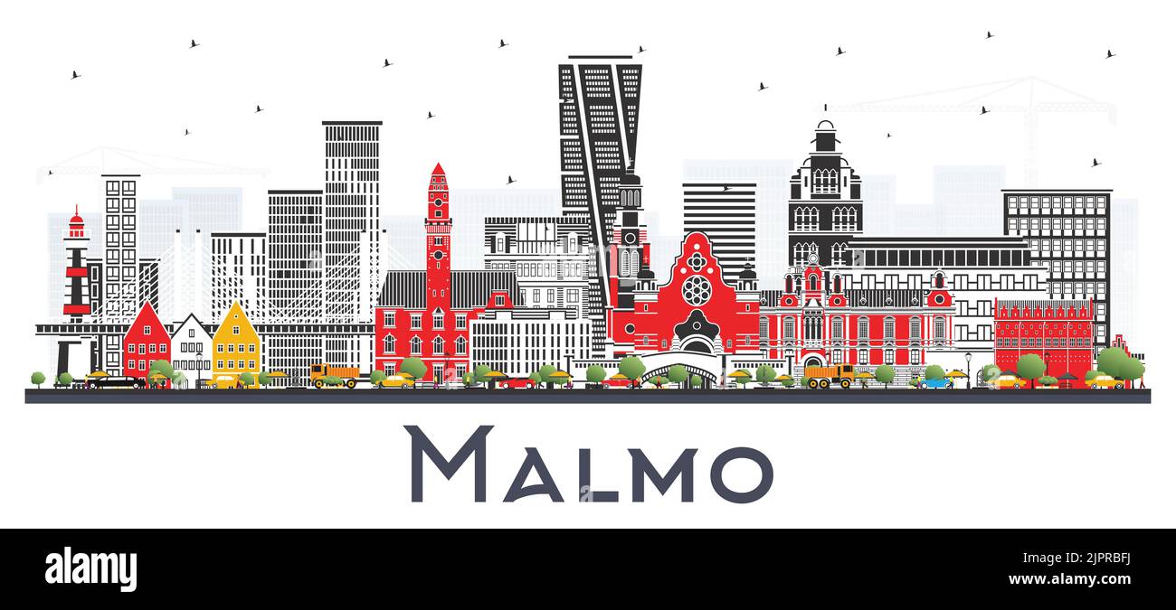 Malmo Sweden City Skyline with Color Buildings Isolated on White. Vector Illustration. Malmo Cityscape with Landmarks. Stock Vector