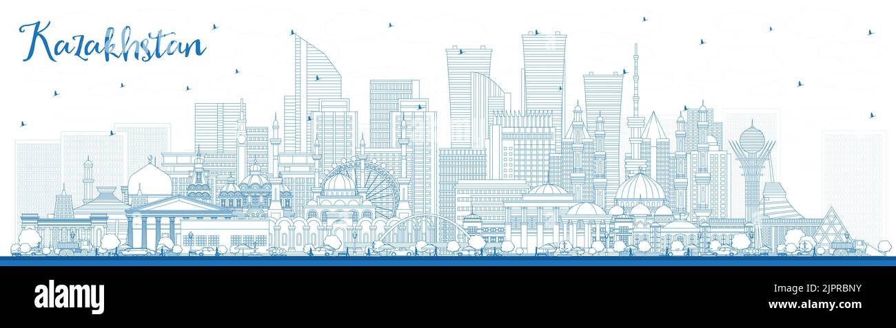 Outline Kazakhstan City Skyline with Blue Buildings. Vector Illustration. Concept with Modern Architecture. Kazakhstan Cityscape with Landmarks. Stock Vector