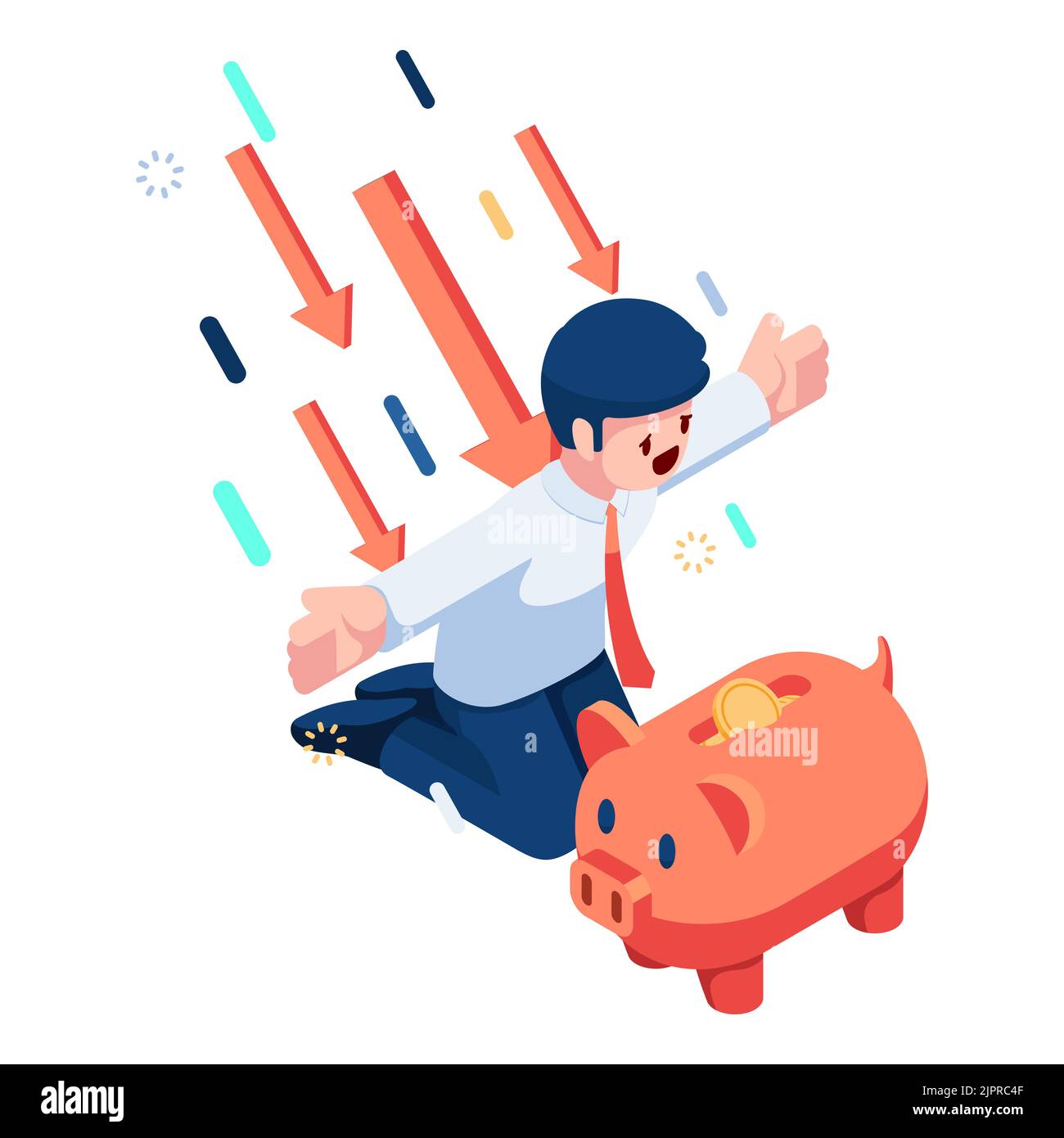 Flat 3d Isometric Businessman Protect Piggy Bank from Falling Arrows. Financial Security and Money Protection Concept. Stock Vector