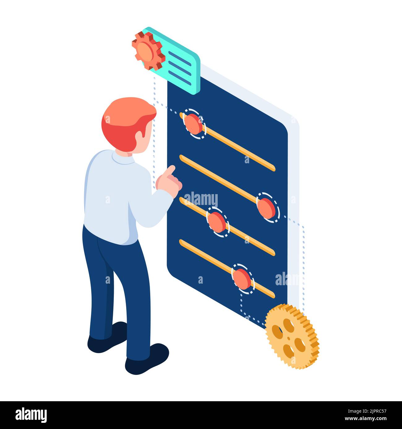 Flat 3d Isometric Businessman with Business Adjustment Panel. Business Adaptation Concept. Stock Vector