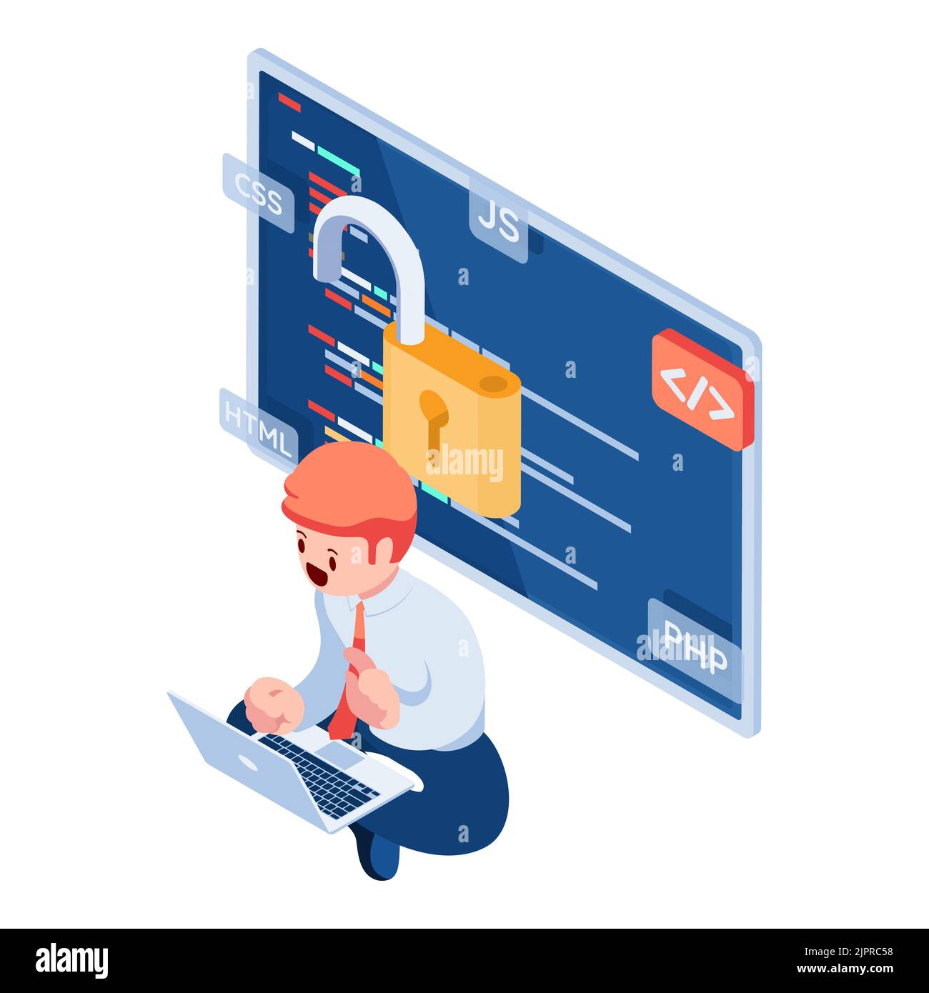 Flat 3d Isometric Businessman or Developer Working with Open Source Software Script. Open Source Software Development Concept. Stock Vector