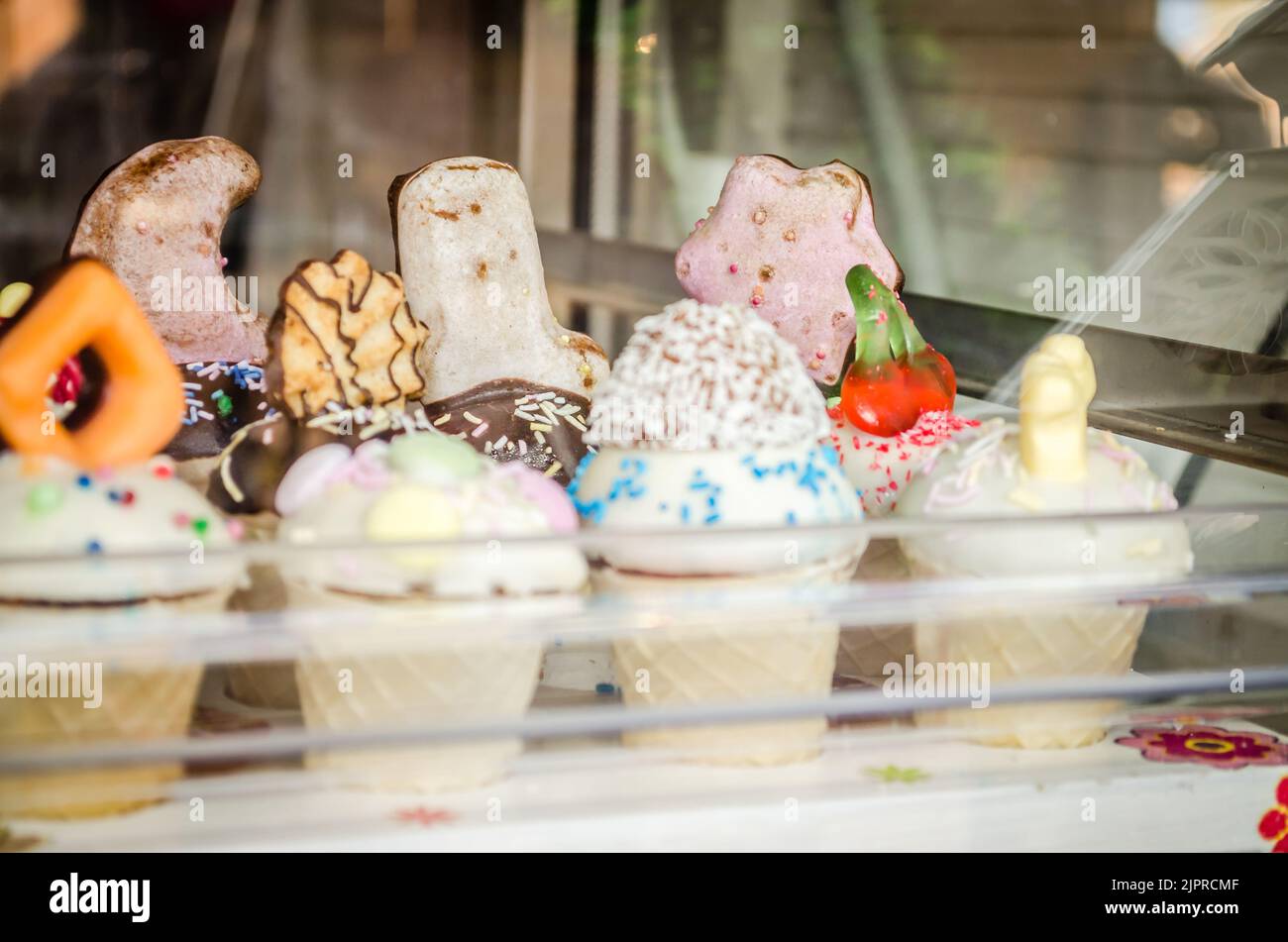 Novi Sad, Serbia, July 12, 2019. Cakes in the window of a pastry shop in Serbia, close - up. Stock Photo