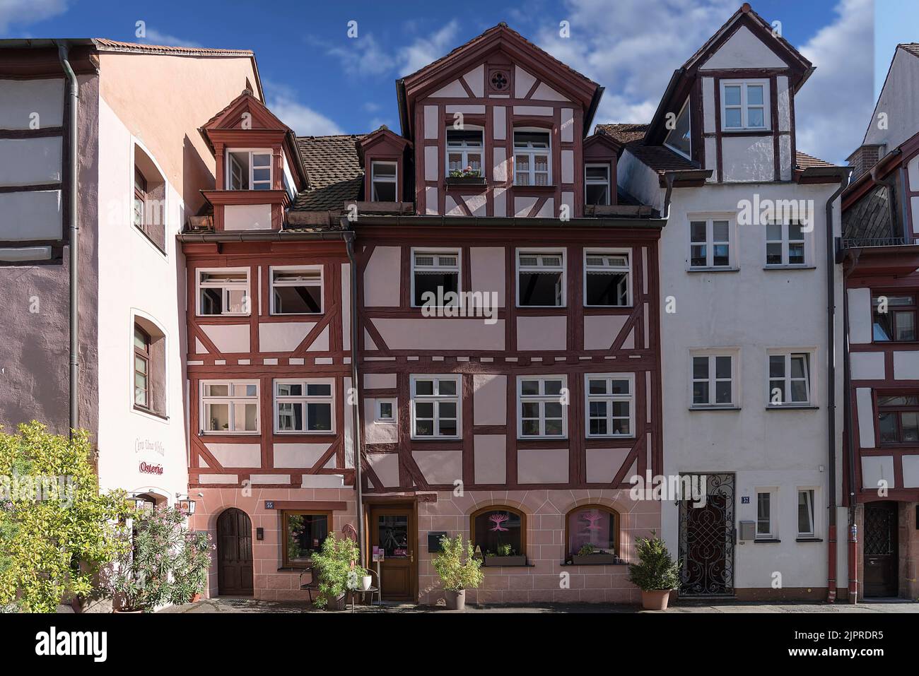 Historic half-timbered houses with dormer windows, totally renovated by the Nuremberg Old Town Friends, Johannesgasse 55 and 57, Nuremberg, Middle Stock Photo
