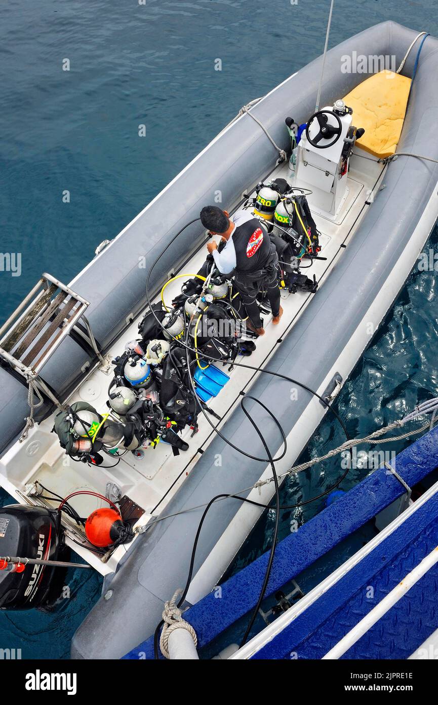 Inflatable boat, compressed air tanks being filled, the Okeanoss