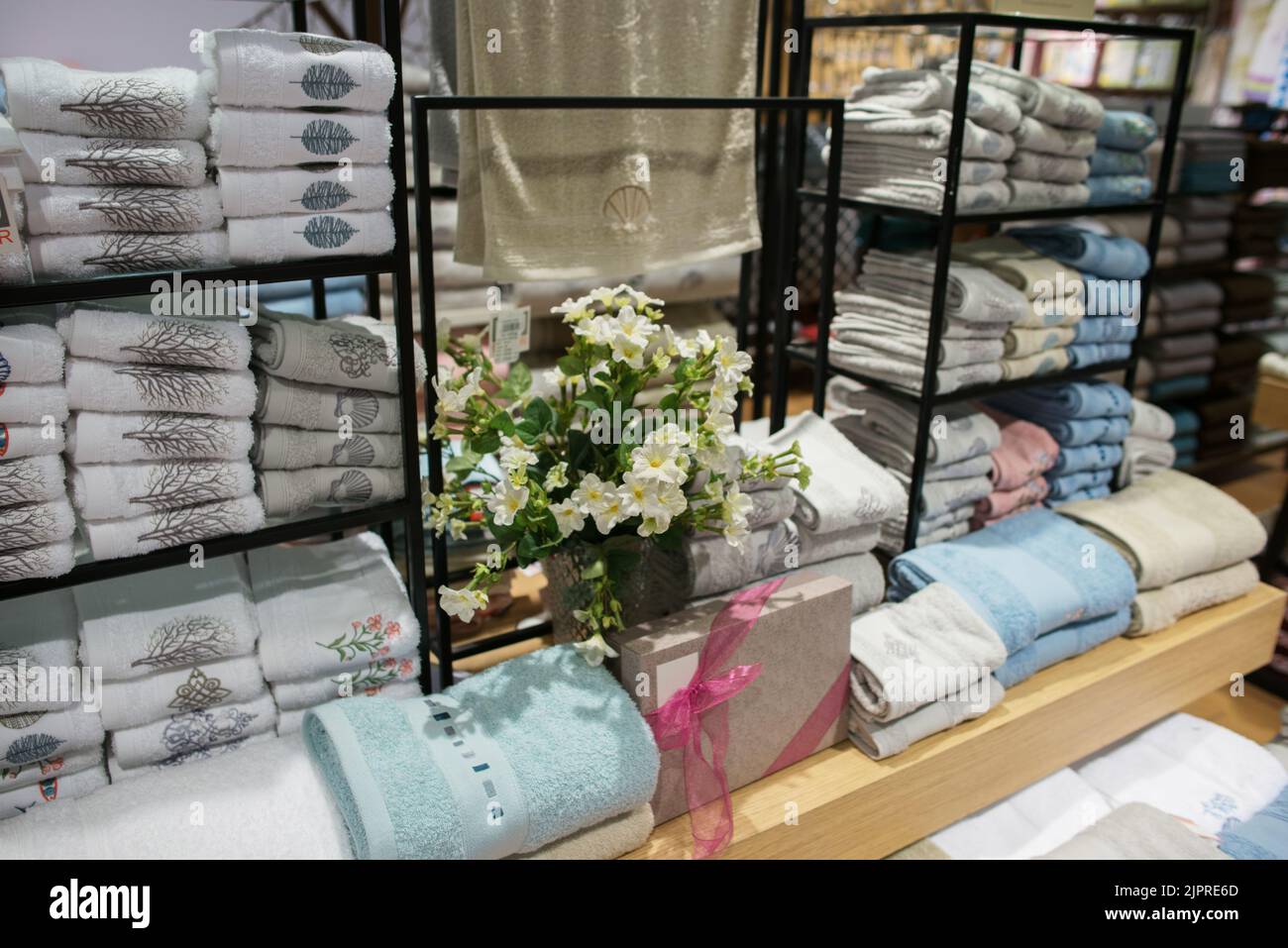 Household goods, towels are on showcase in the bathroom accessories ...