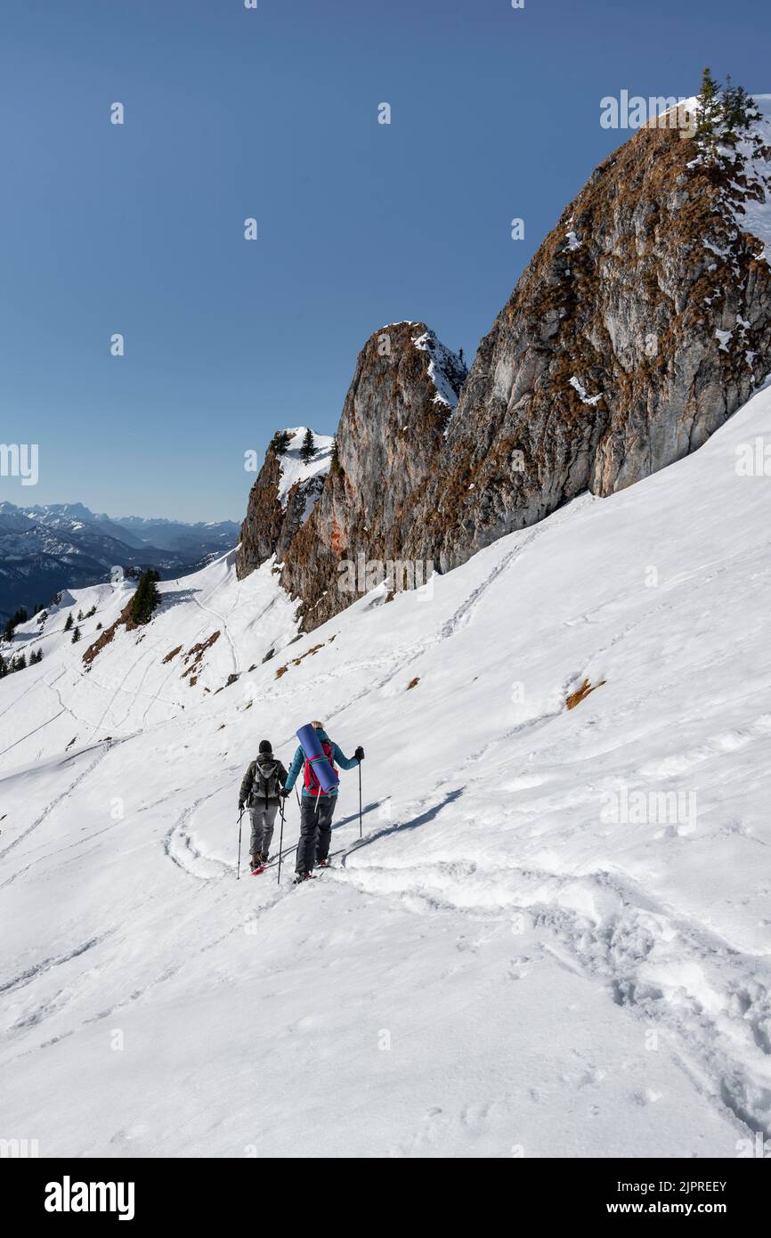 Ski tourers on the Rotwand, mountains in winter, Mangfall Mountains, Bavaria, Germany Stock Photo