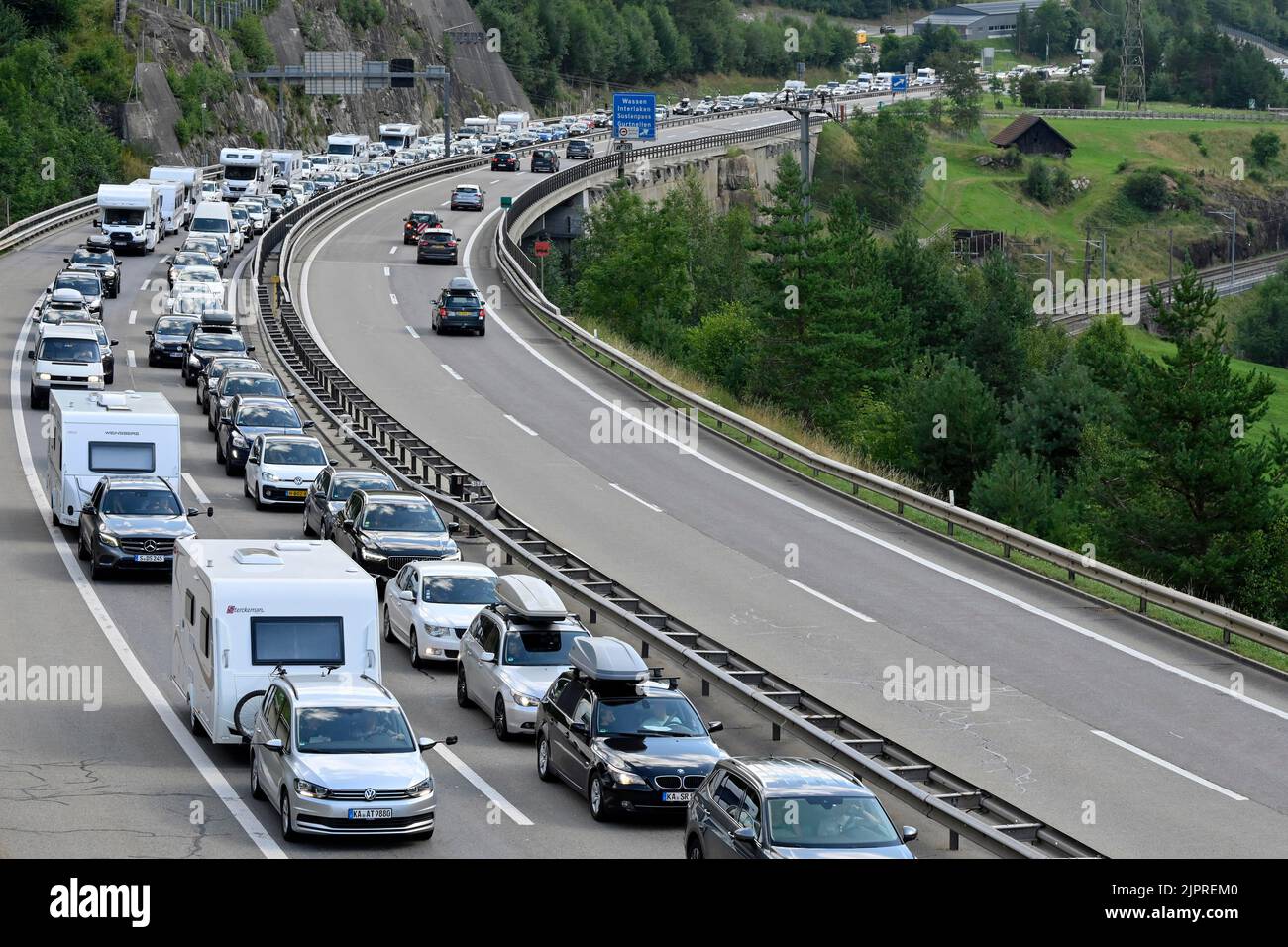 Congestion Gotthard road tunnel Wassen, Switzerland Stock Photo