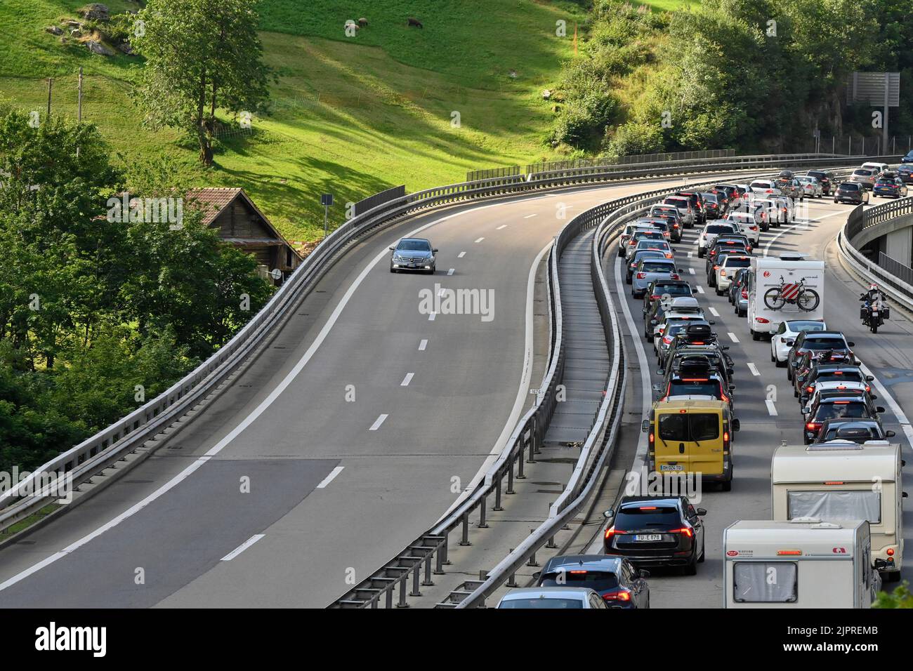 Congestion Gotthard road tunnel Wassen, Switzerland Stock Photo