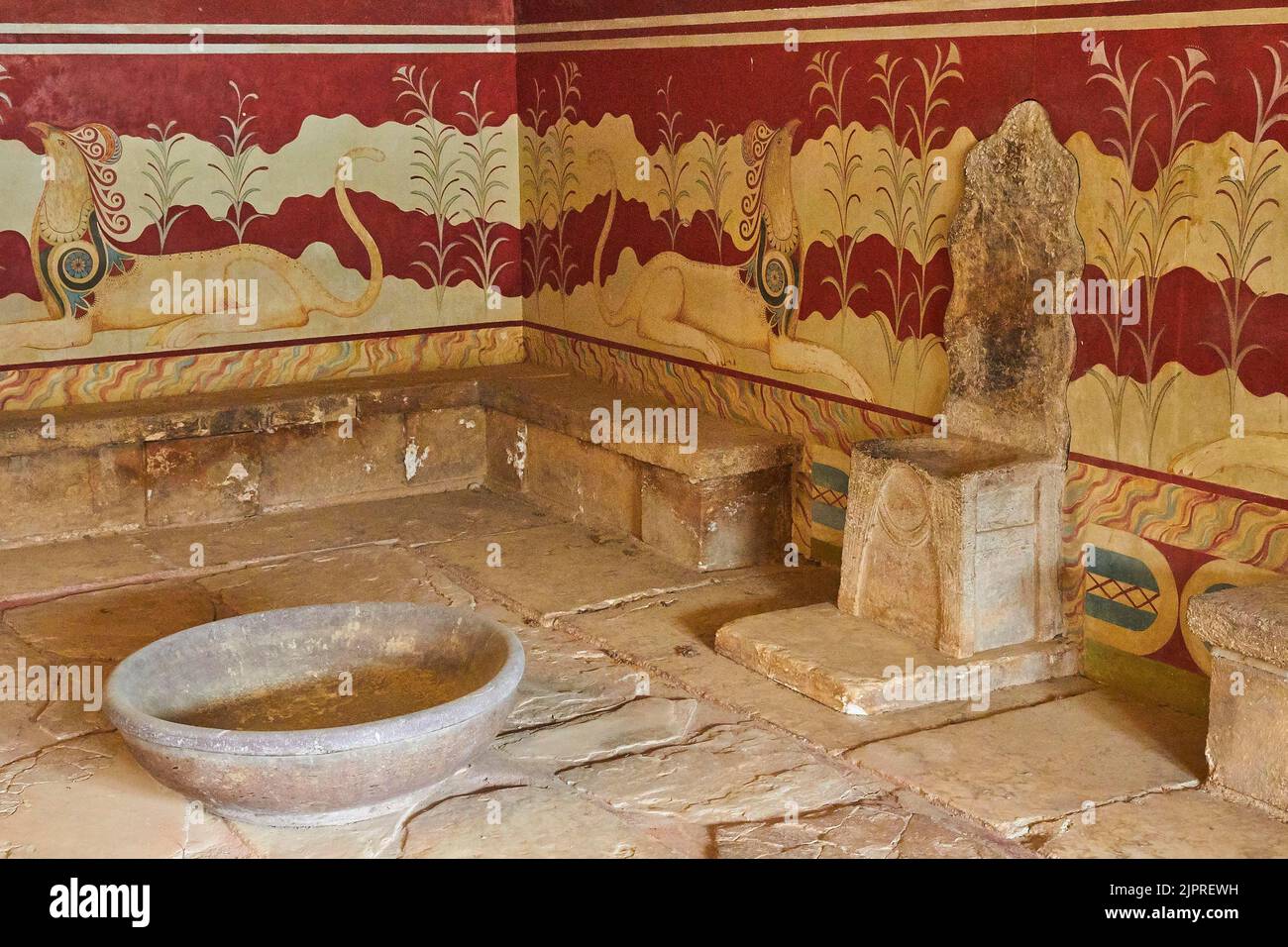 Throne Room, Griffin Frescoes, Throne, Porphyry Basin, Palace of Knossos, Heraklion, Central Crete, Island of Crete, Greece Stock Photo