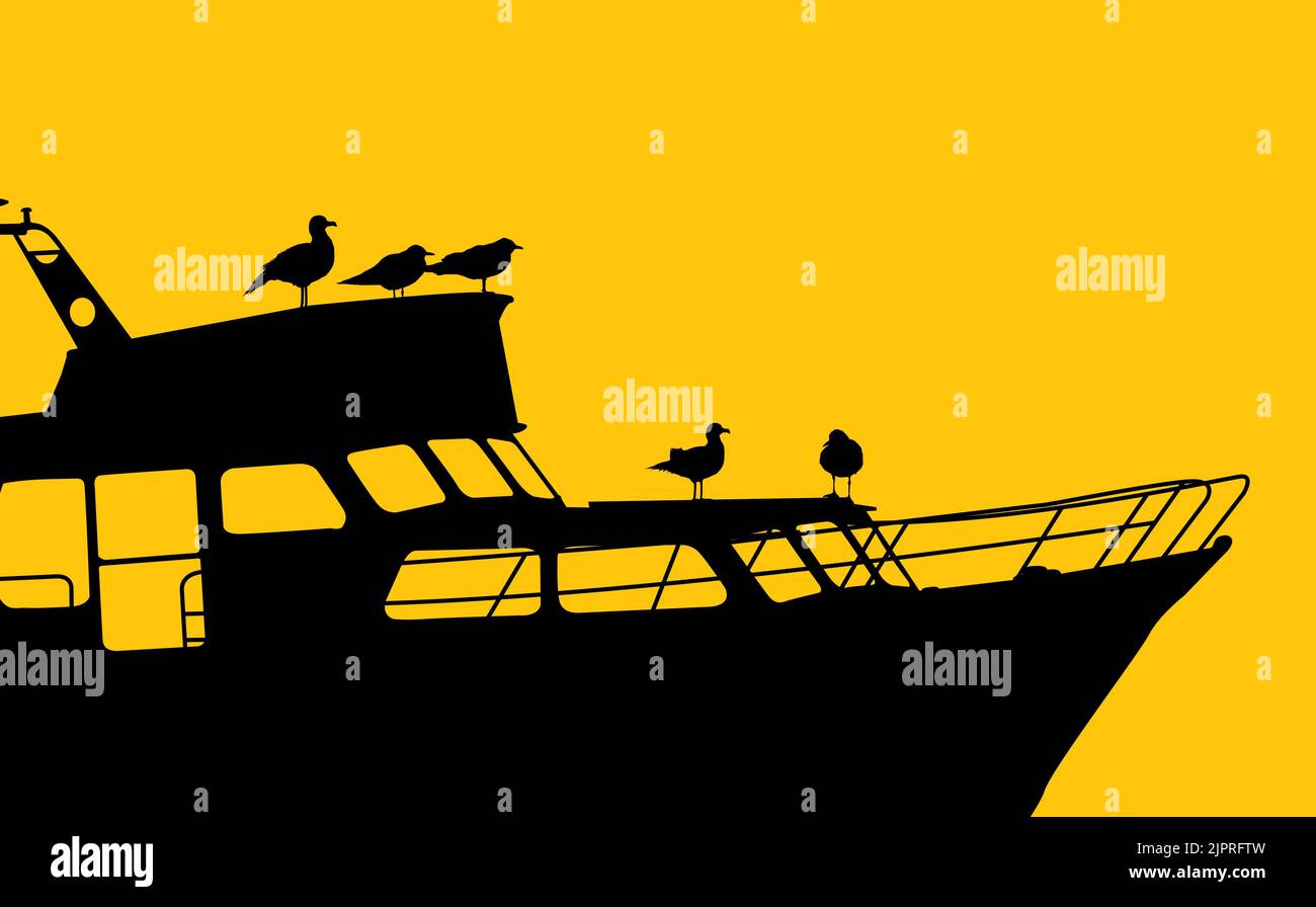 Marine sceneray background with seagulls silhouettes on sitting on a yacht. Vector illustration Stock Photo