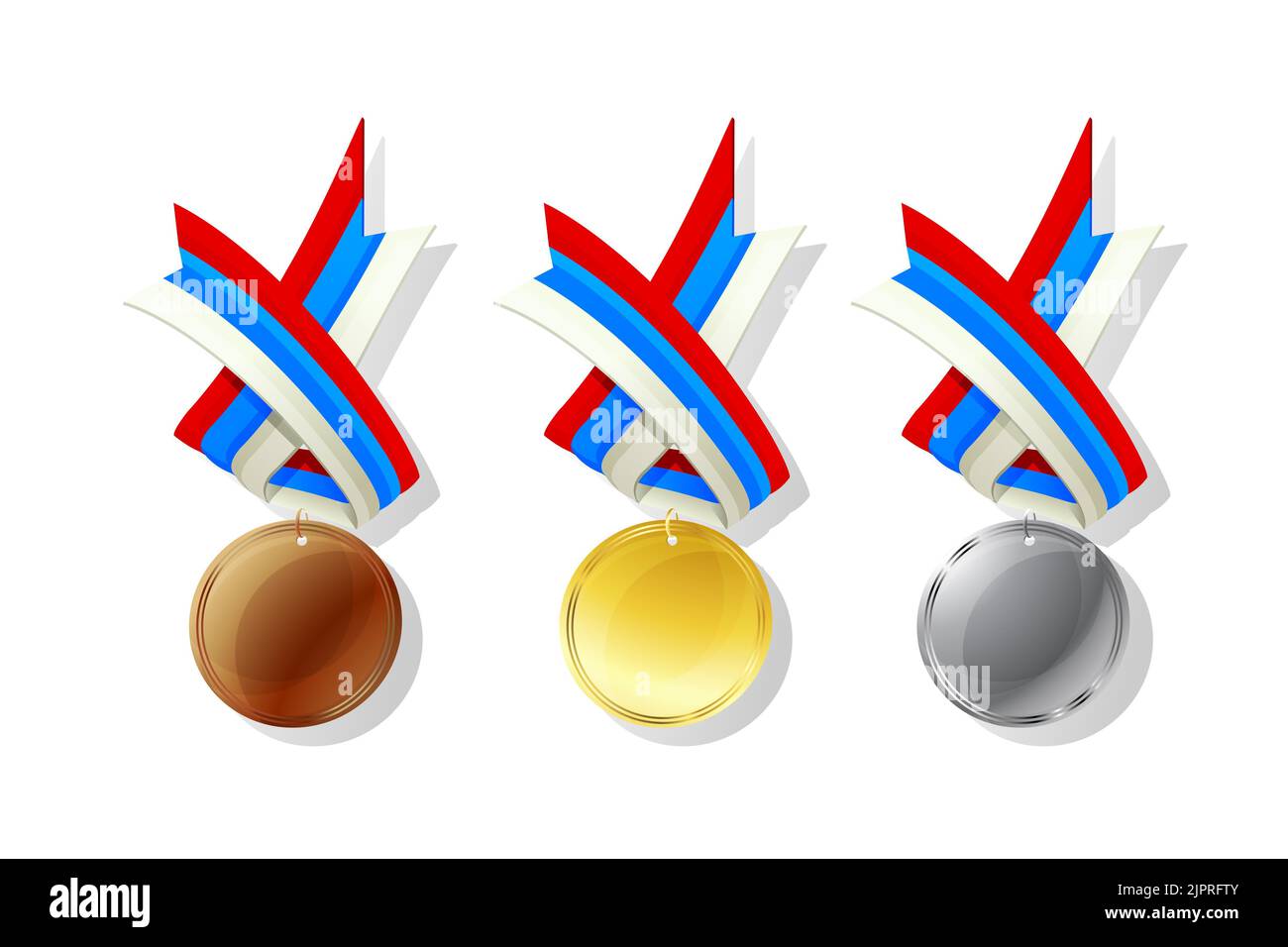 Russia medals in gold, silver and bronze with national flag. Isolated vector objects over white background Stock Photo