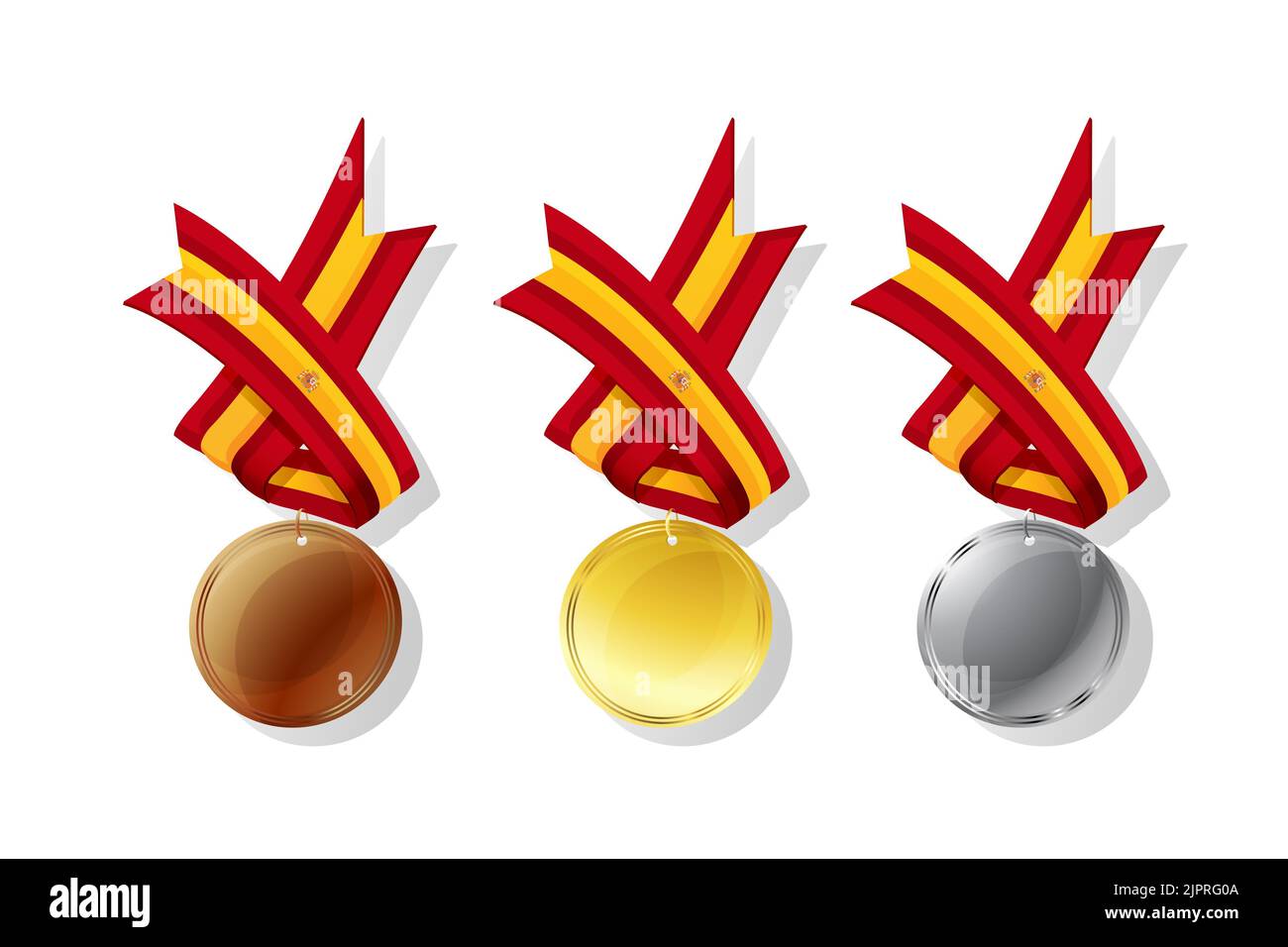 Spanish medals in gold, silver and bronze with national flag. Isolated