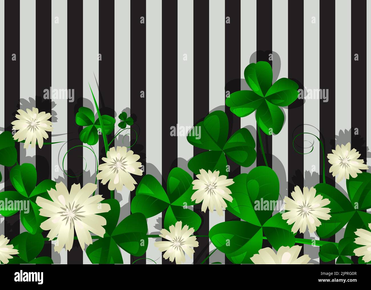 Colorful clover leaves and flowers over a striped background Stock Photo