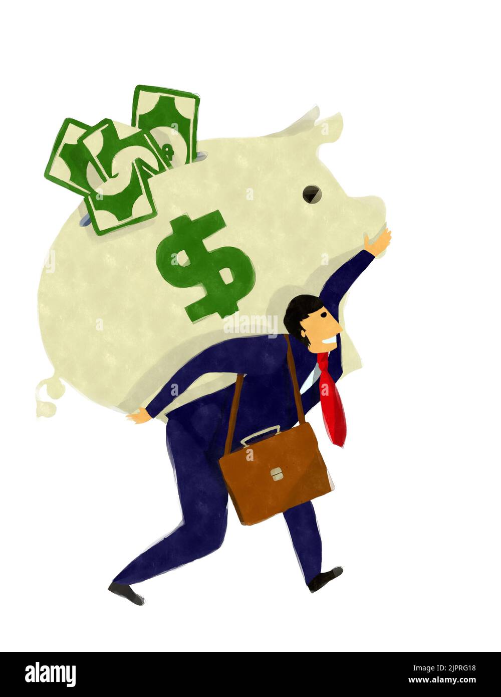 Watercolor style drawing of a business man with piggy bank over white ...