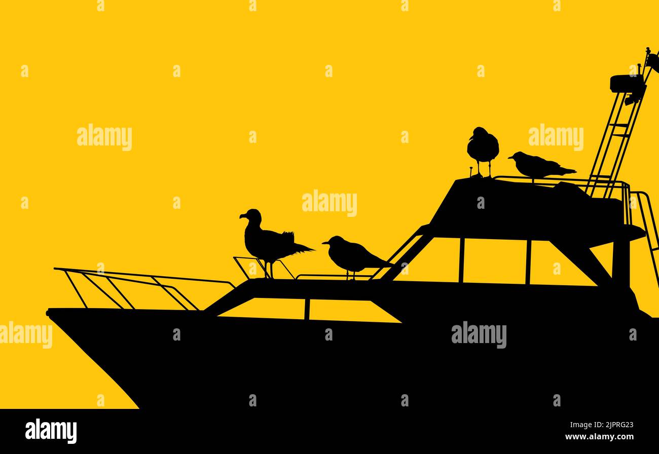 Marine sceneray background with seagulls silhouettes on on a motor yacht, vector Stock Photo