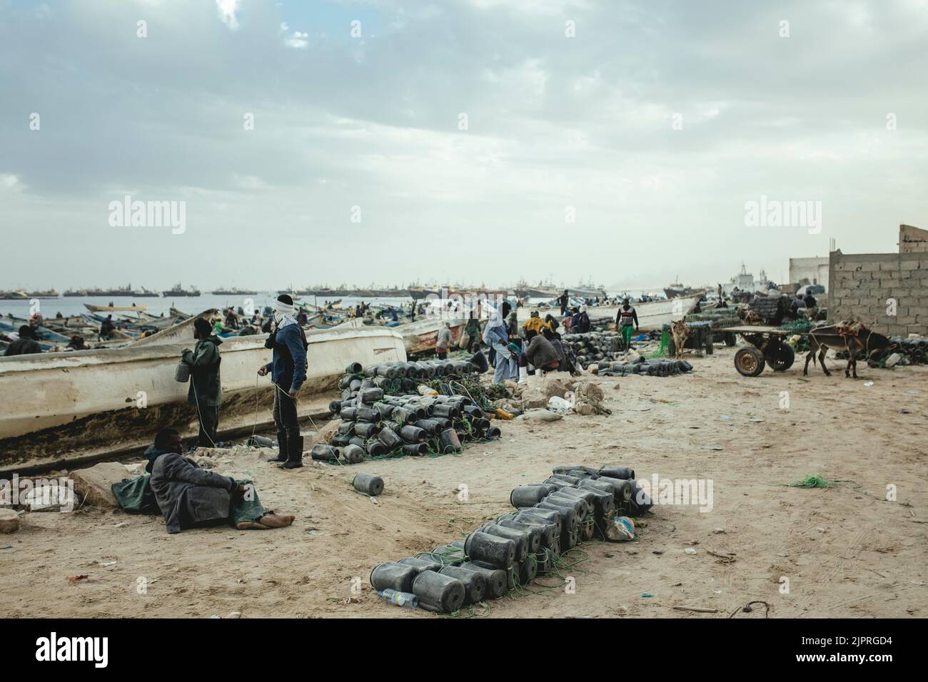 Port de Peche Traditional, prepared plastic canisters for catching octopus, Nouadhibou, Mauritania Stock Photo